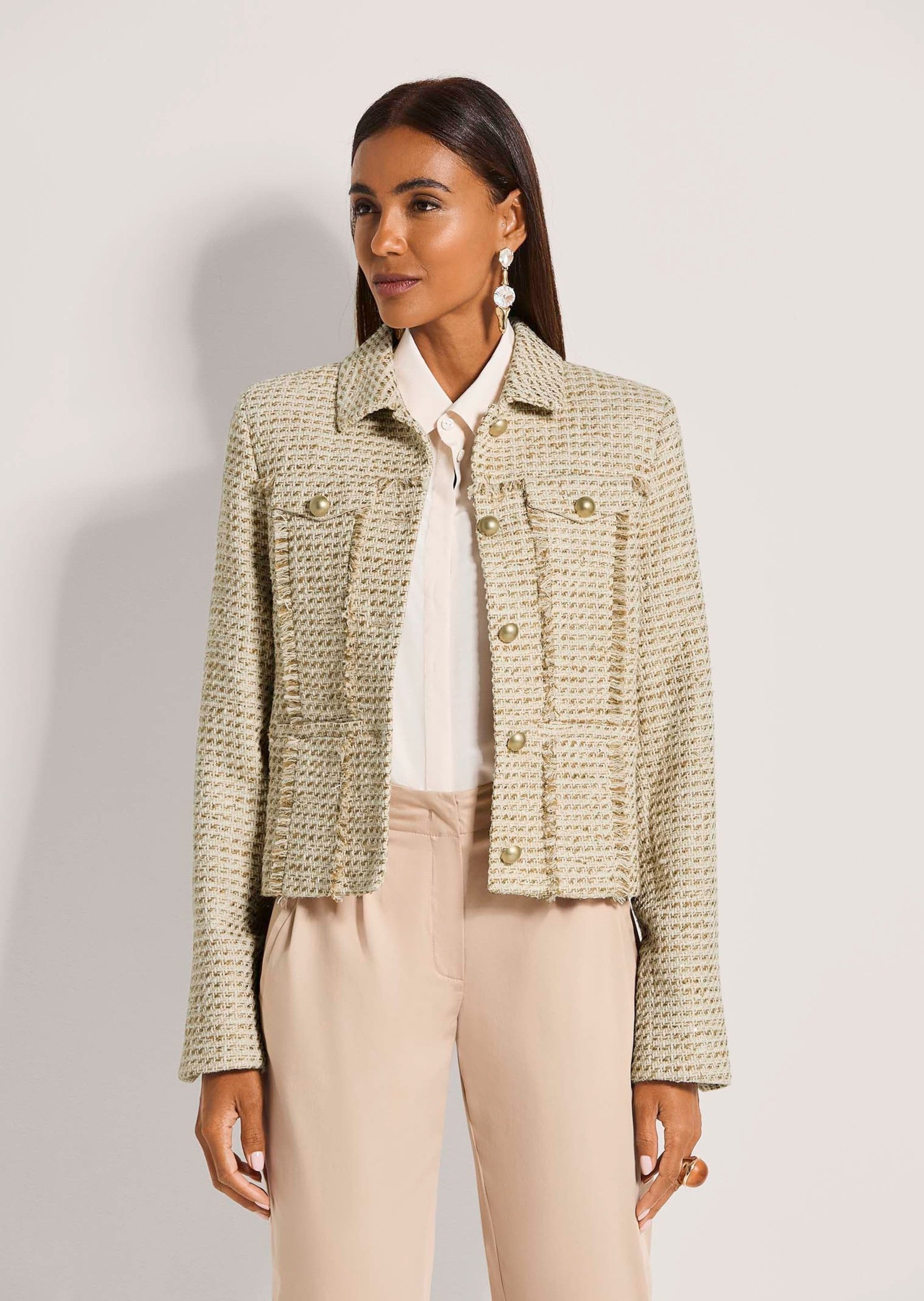 MADELEINE Kurzblazer Baumwolljacke mit Fransendetails Glanzblazer mit Hemdkragen, Knopfleiste, Ziertaschen und Langarm