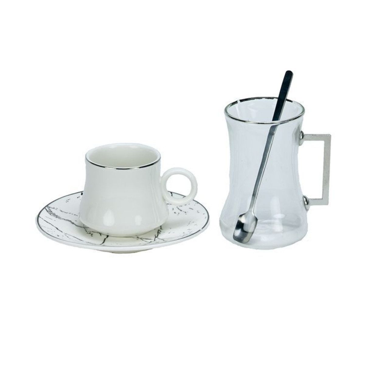 Bricard Teeglas -Espresso Set 24 teilig Weiß Silber inkl. Löffel und Untertasse
