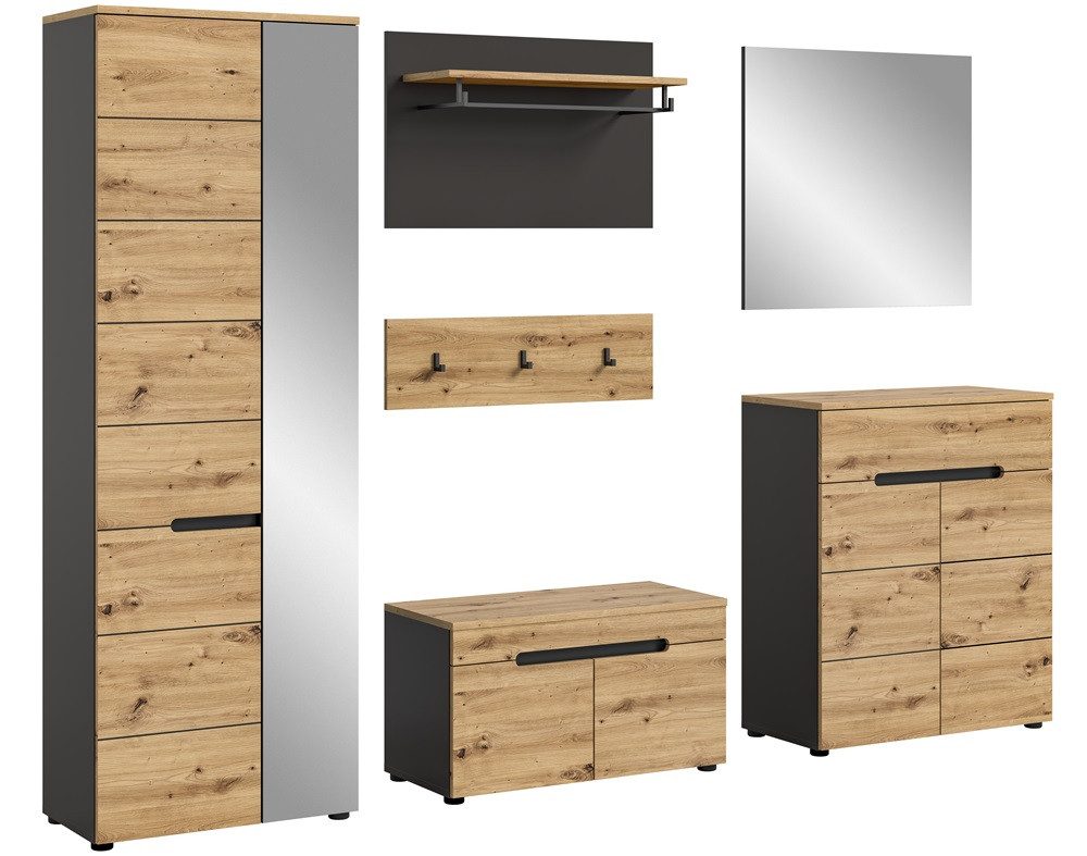 xonox.home Garderoben-Set Garderoben-Set Canu, grau / Artisan Eiche, 5-teilig ohne Sitzkissen, (5-St), Garderobenmöbel, Garderobenkombination Eiche