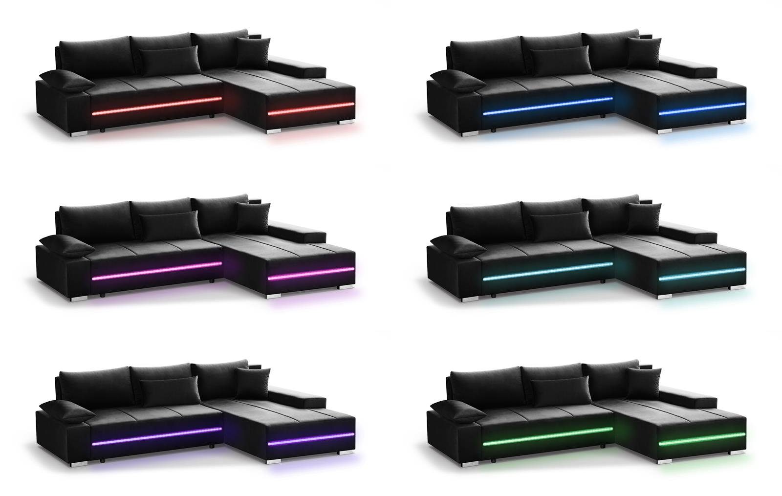 inklusive und Beautysofa LED RGB-LED-Beleuchtung Sofa, 100) Ecksofa Schwarz (riviera Aron, Bettkasten,modernes Schlaffunktion mit Eckcouch