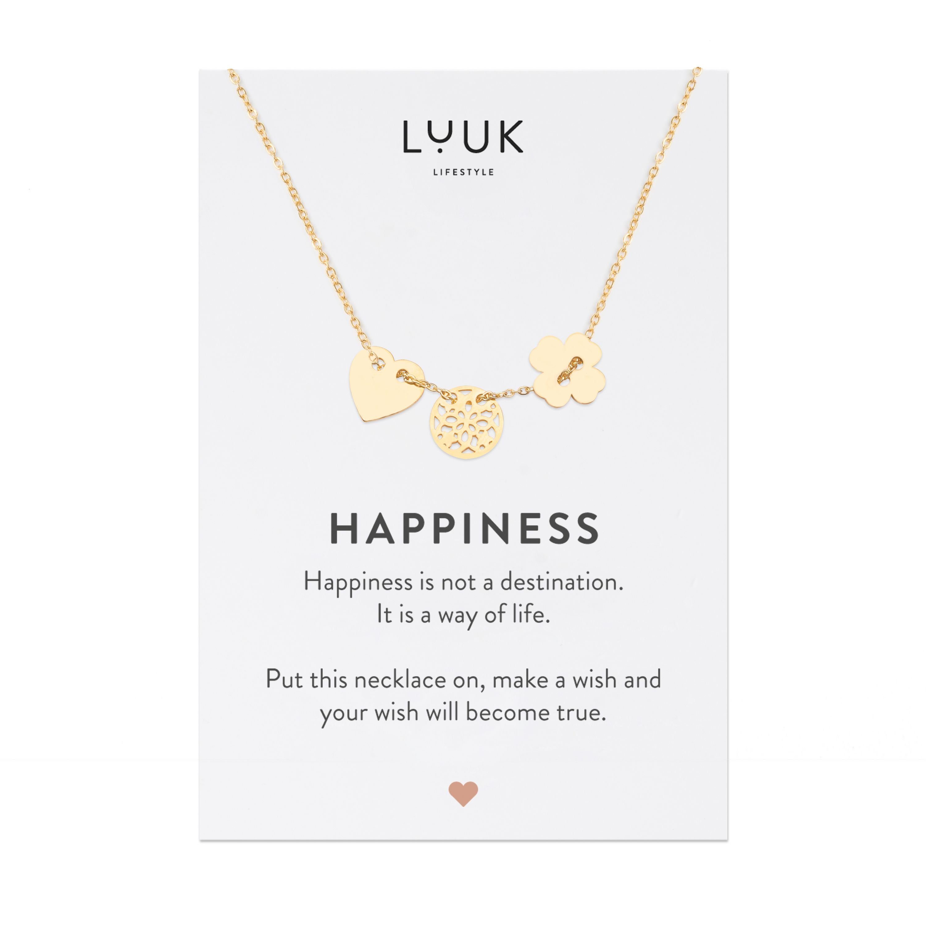 LUUK LIFESTYLE Kette mit Anhänger Glücksbringer, Herz-, Mandala- und Kleeblatt Anhänger, mit HAPPINESS Karte, Geschenk für Frauen, Freundinnen, Geliebte, Glücksbringer auf Reise, Modeschmuck, Gold