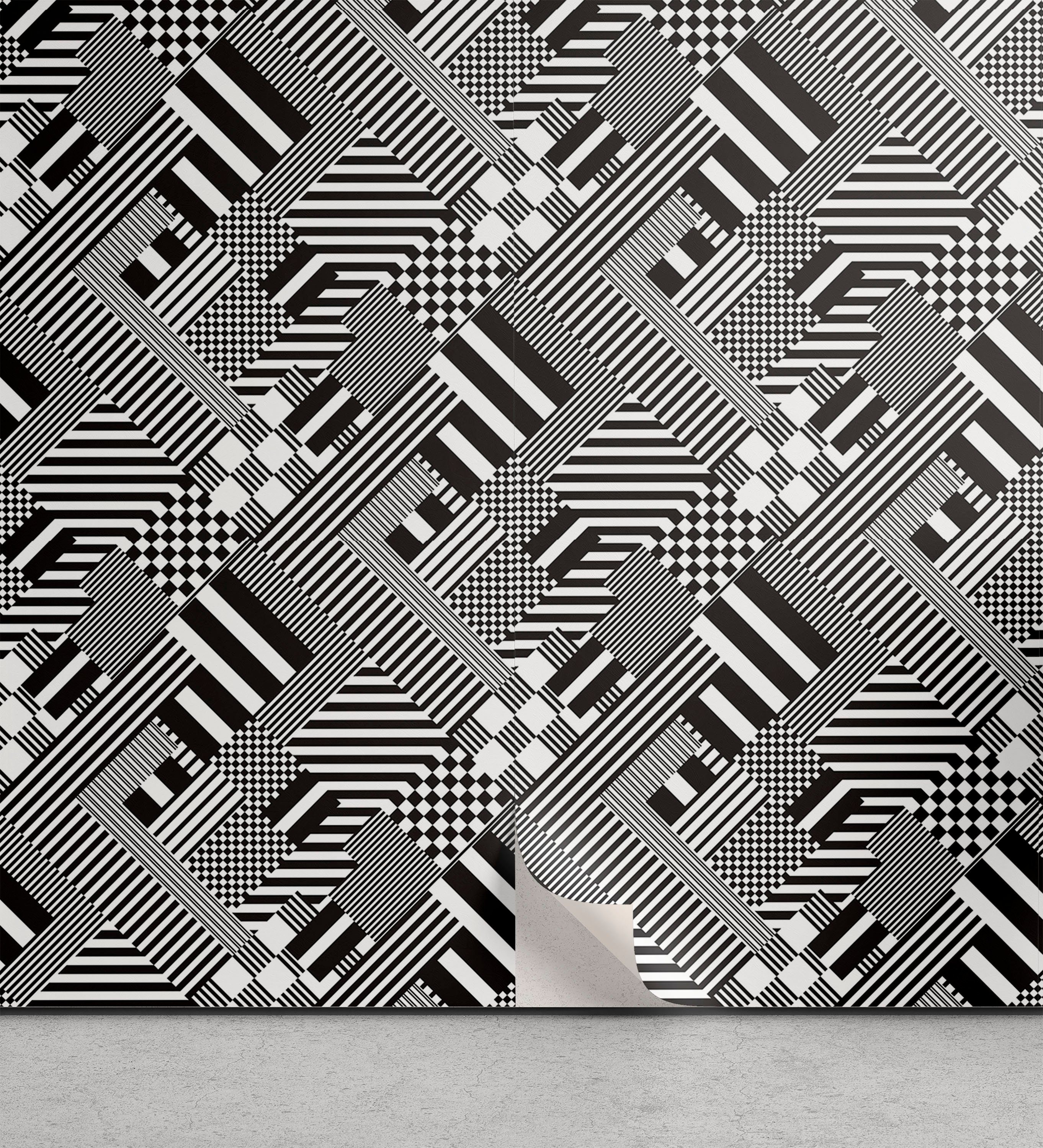 Abakuhaus Vinyltapete selbstklebendes Wohnzimmer Küchenakzent, Schwarz und weiß Stripes Sqaures