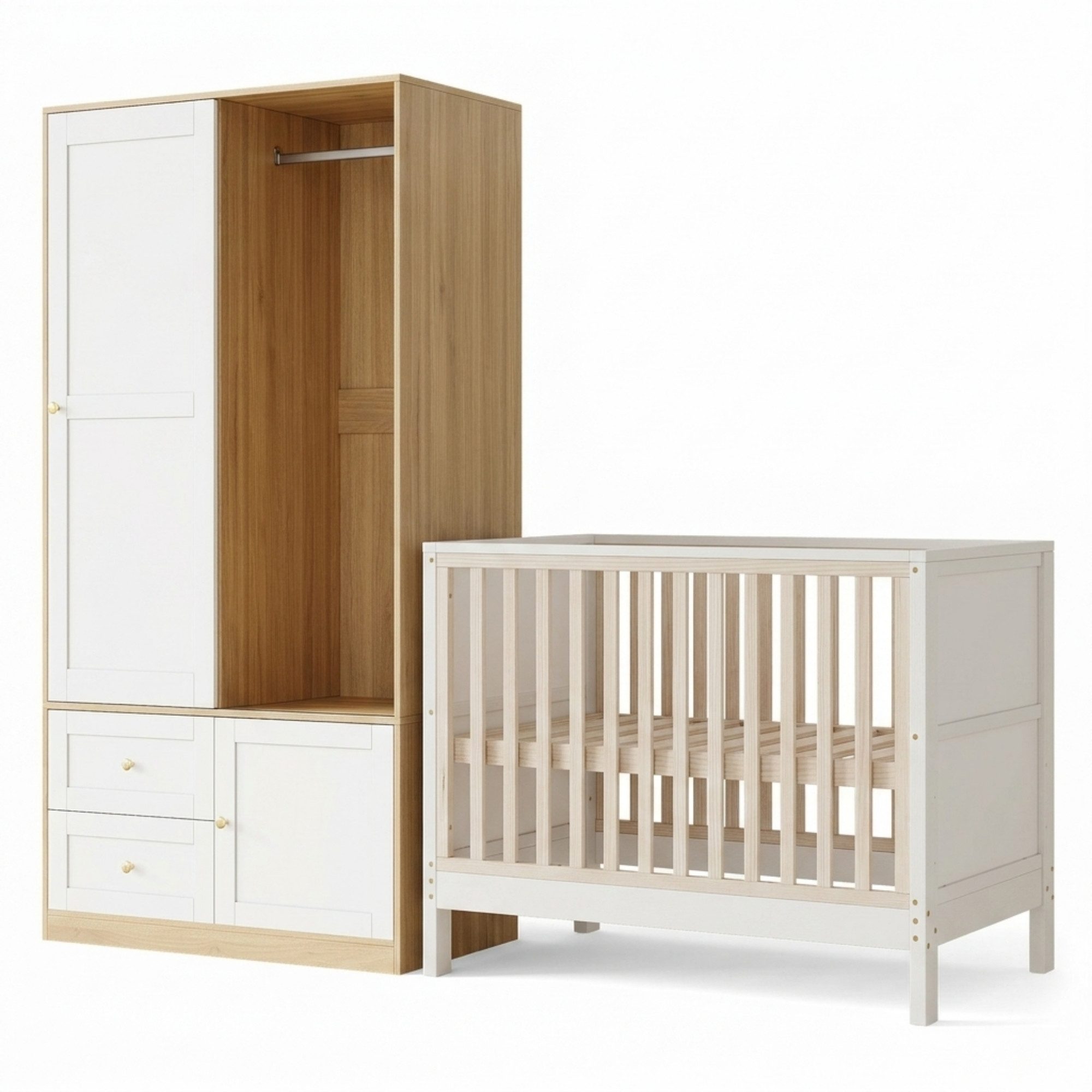MIBODE Babymöbel-Set Gitterbett & Kleiderschrank Set aus Massivholz, Natur