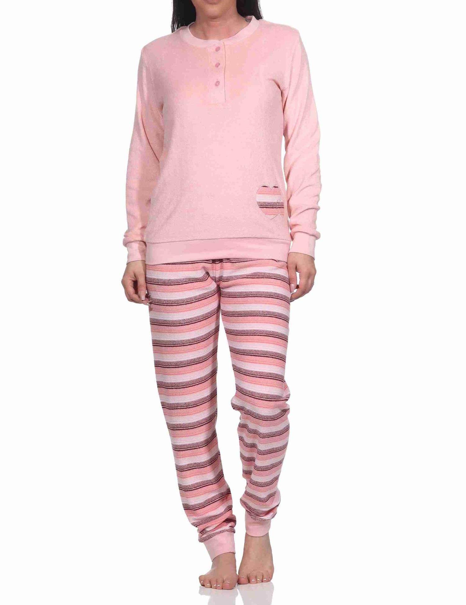 Pyjama Wunderschöner Damen Frottee Schlafanzug mit Bündchen und Herz-Motiv