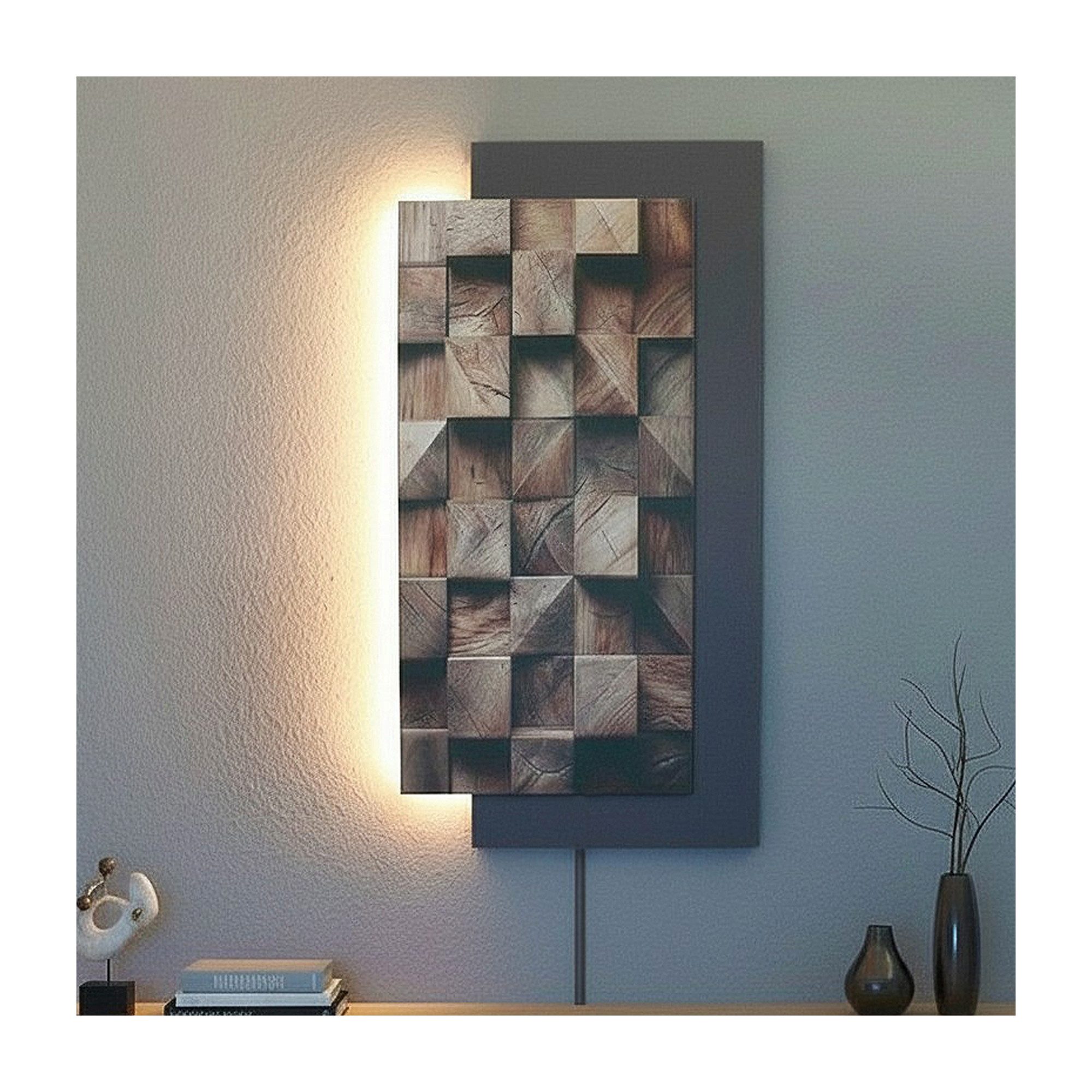 Arnusa Wandbild Wanddekoration mit Beleuchtung 100x50 cm, Holz, Wohnzimmerdeko LED Bild warmweiß Holzoptik