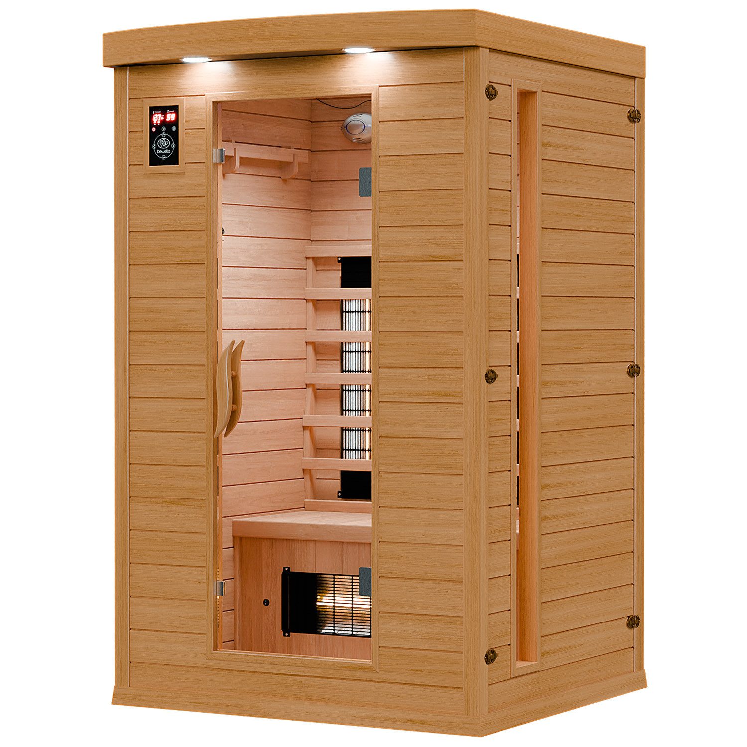 Dewello Eckdusche HYDER Wärmekabine, bis zu 2 Personen, 6 Vollspektrumstrahler, Sauna aus Hemlock-Tannenholz, leichter Aufbau dank Stecksystem – Bild 4 von 5