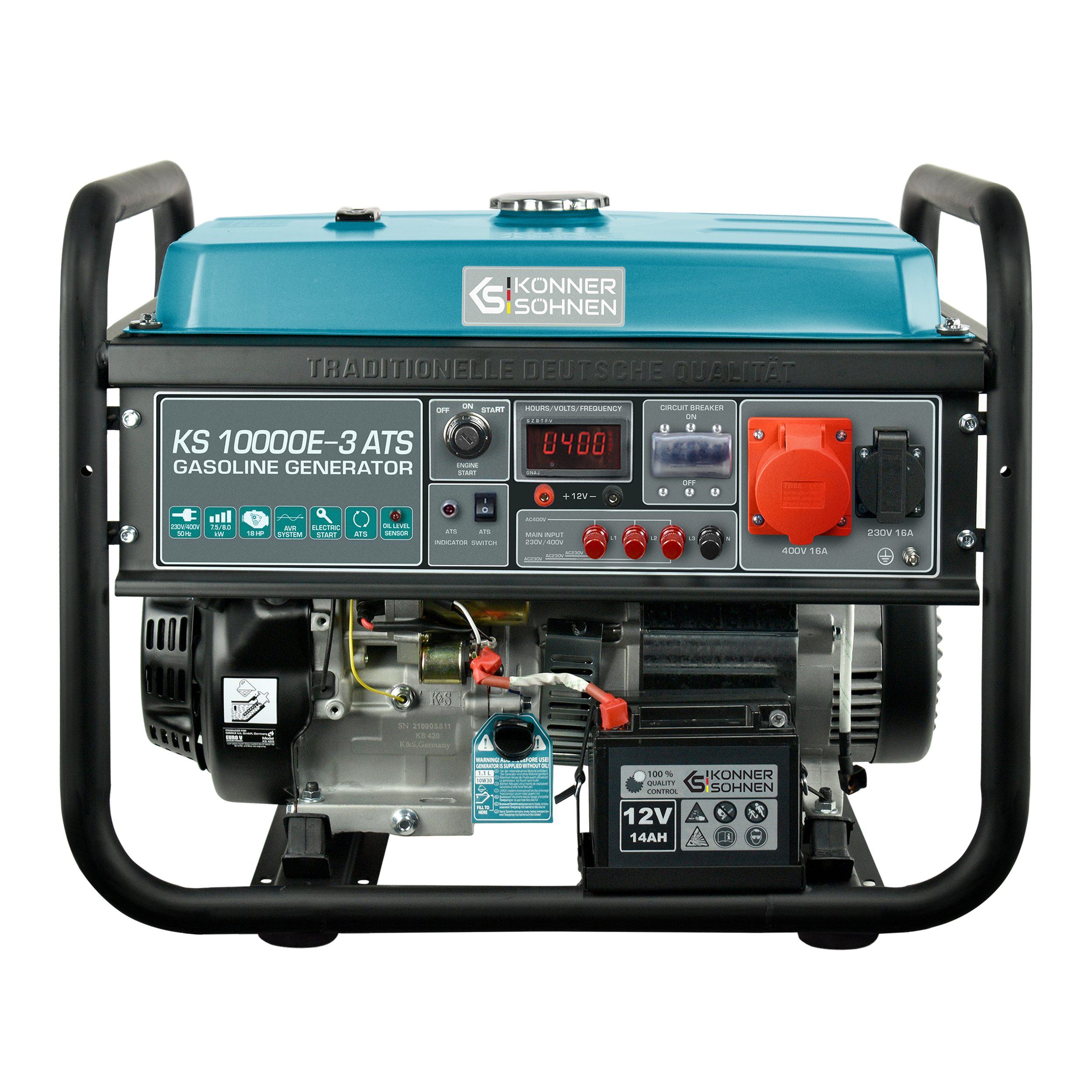 Könner & Söhnen Stromerzeuger KS 10000E-3 ATS, 8,00 in kW, (ATS-Benzingenerator 400V mit automatischer Notstromfunktion, 1-tlg., 8.0 kW Peak, integrierte ATS-Einheit, 18 PS Motor, 25L Tank), Automatik-Start bei Stromausfall, 400V CEE, E-Start, 15h Laufzeit