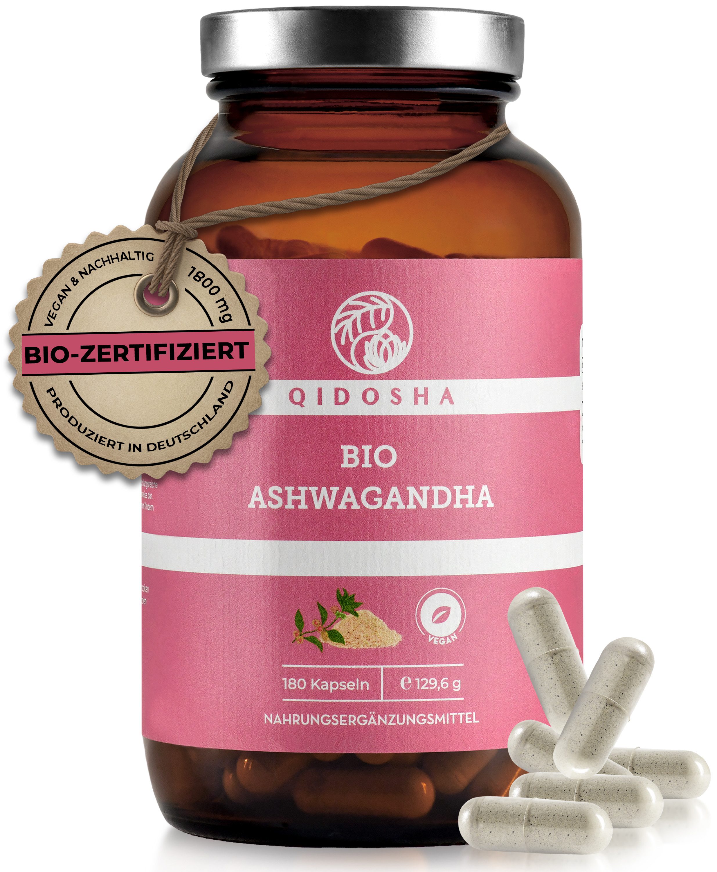 QIDOSHA Bio-Ashwagandha mit 600mg Kapseln, TESTSIEGER 08/23*, 1500 mg je Tagesportion, 180 Kapseln im Glas, Ashwagandha hochdosiert, Withania Somnifera (Schlafbeere), laborgeprüft à 180 St., 129 g