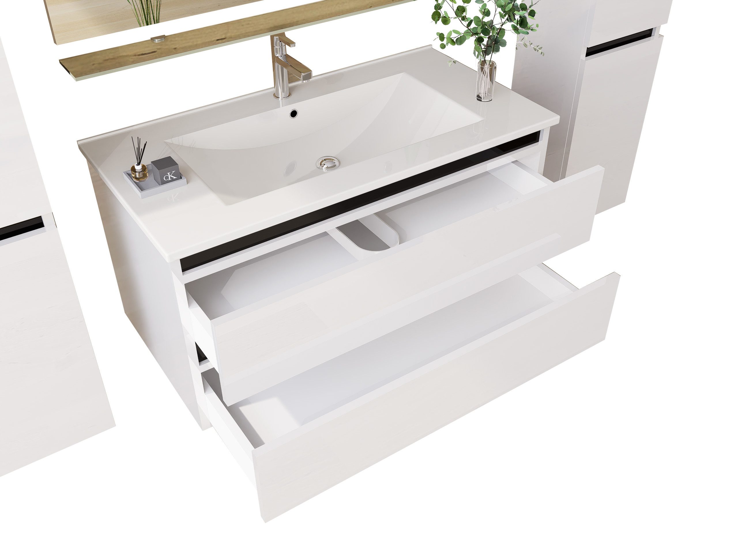 Homeline Badmöbel-Set Badmöbel Set hochschränke Spiegel Kosmetik Keramik Becken Hochglanz, (Komplettes Badmöbel Set, 6-St., Badmöbel Set Schwarz Hochglanz 6 Teilig Badezimmermöbel), Hochglanz Optik Mit 2 Schubladen