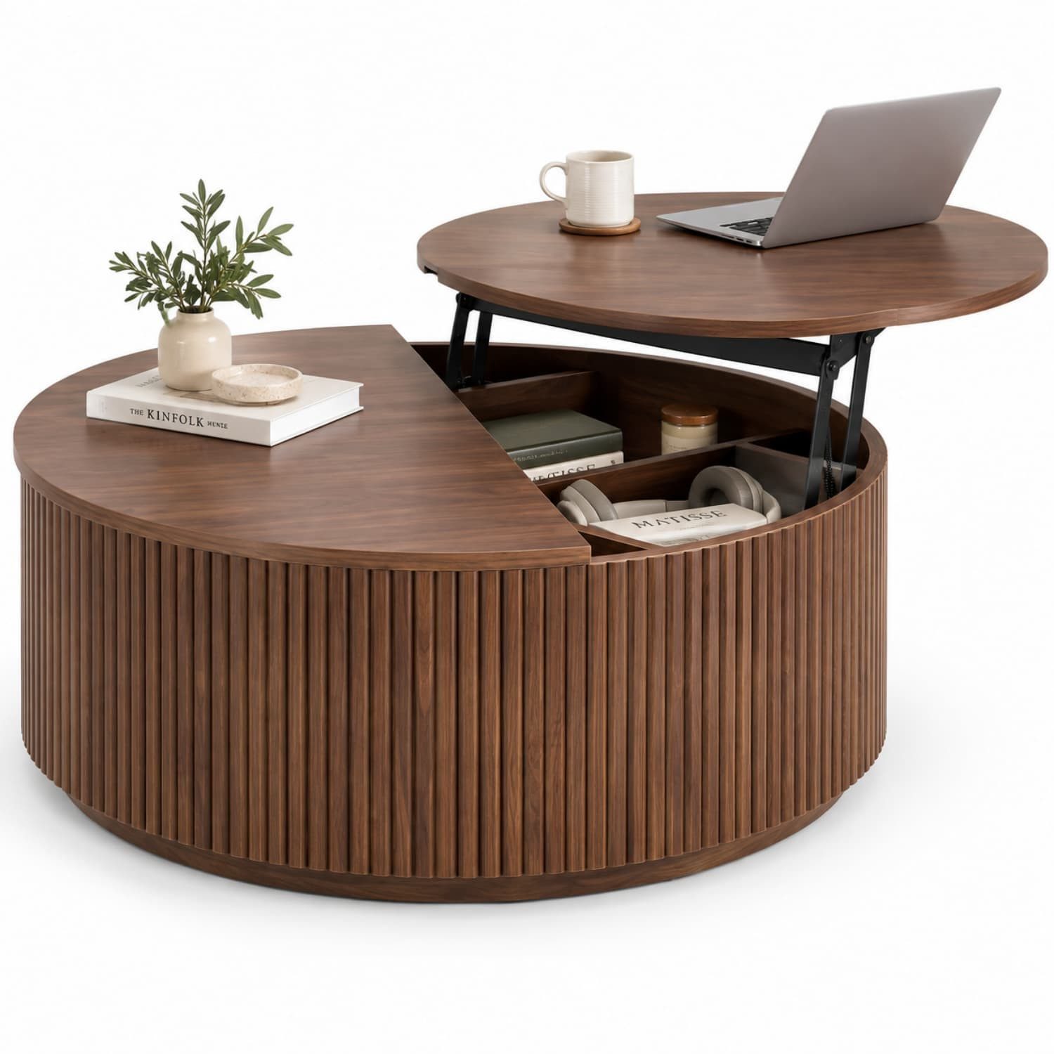 ANYSUN Couchtisch Rund,höhenverstellbar mit verstecktem Stauraum & Liftfunktion, Ø 88 cm (1-St), Wohnzimmertisch in Nussbaum-Optik mit Rillenoptik & Klappdeckel