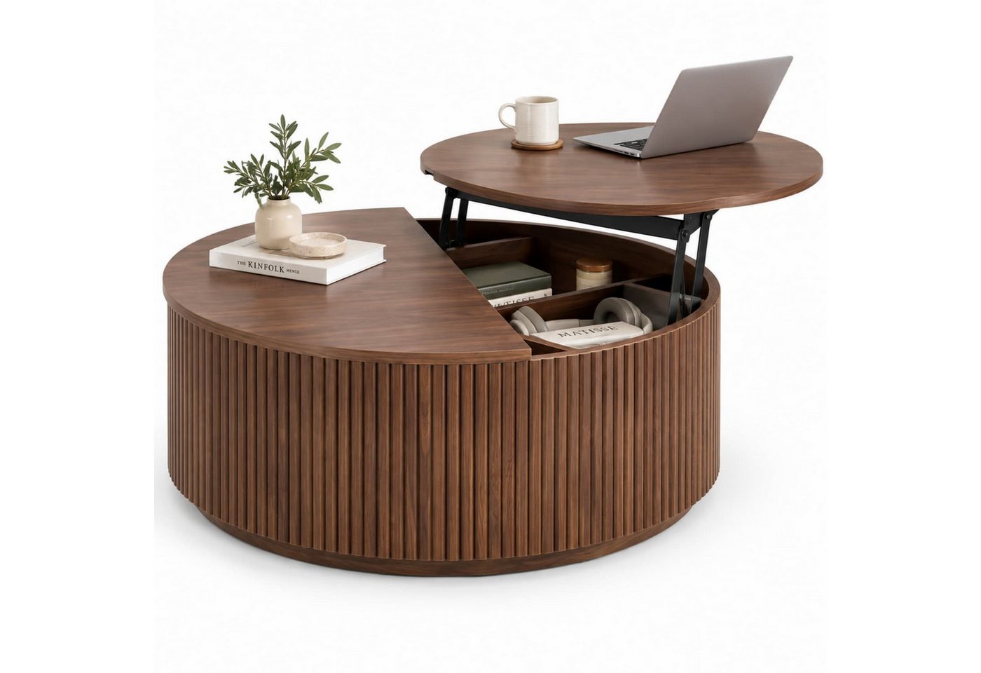 ANYSUN Couchtisch Rund,höhenverstellbar mit verstecktem Stauraum & Liftfunktion, Ø 88 cm (1-St), Wohnzimmertisch in Nussbaum-Optik mit Rillenoptik & Klappdeckel