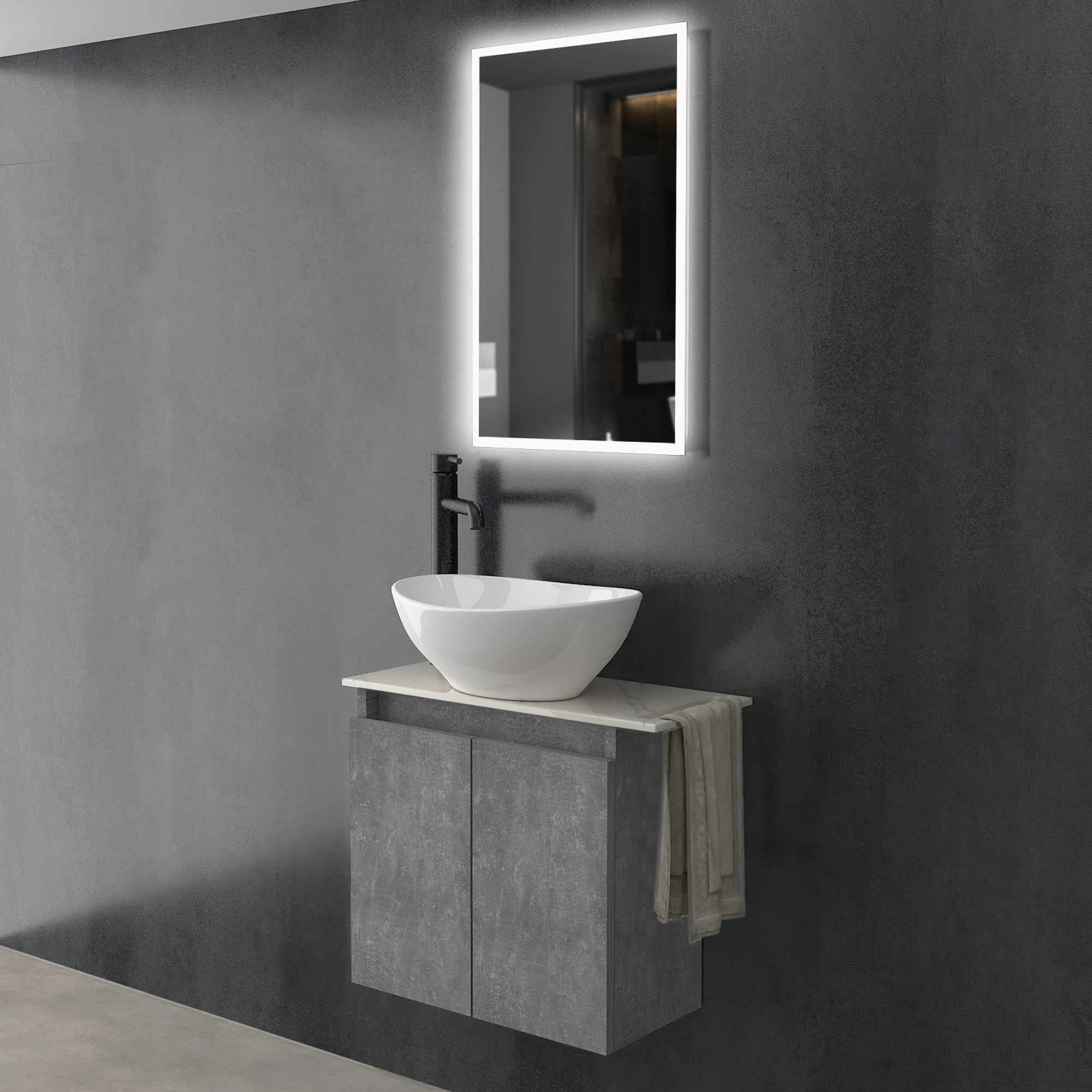 Alpenberger Waschtisch Alpenberger Aufsatzwaschbecken mit Unterschrank hängend (Waschbecken mit Unterschrank & LED Spiegel, mit Keramik Waschtischplatte), Waschplatz für Bad & Gäste-WC, Farbe Cement