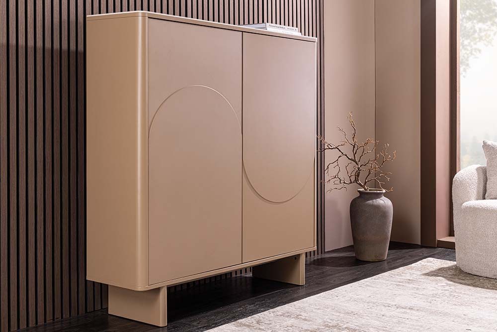 riess-ambiente Highboard SAVOY 130cm grau-beige – travertinfarben, Keramik-Platte, 3D-Front (Einzelartikel, 1 St), Stauraum-Möbel mit edlem Materialmix – ideal für moderne Wohnzimmer