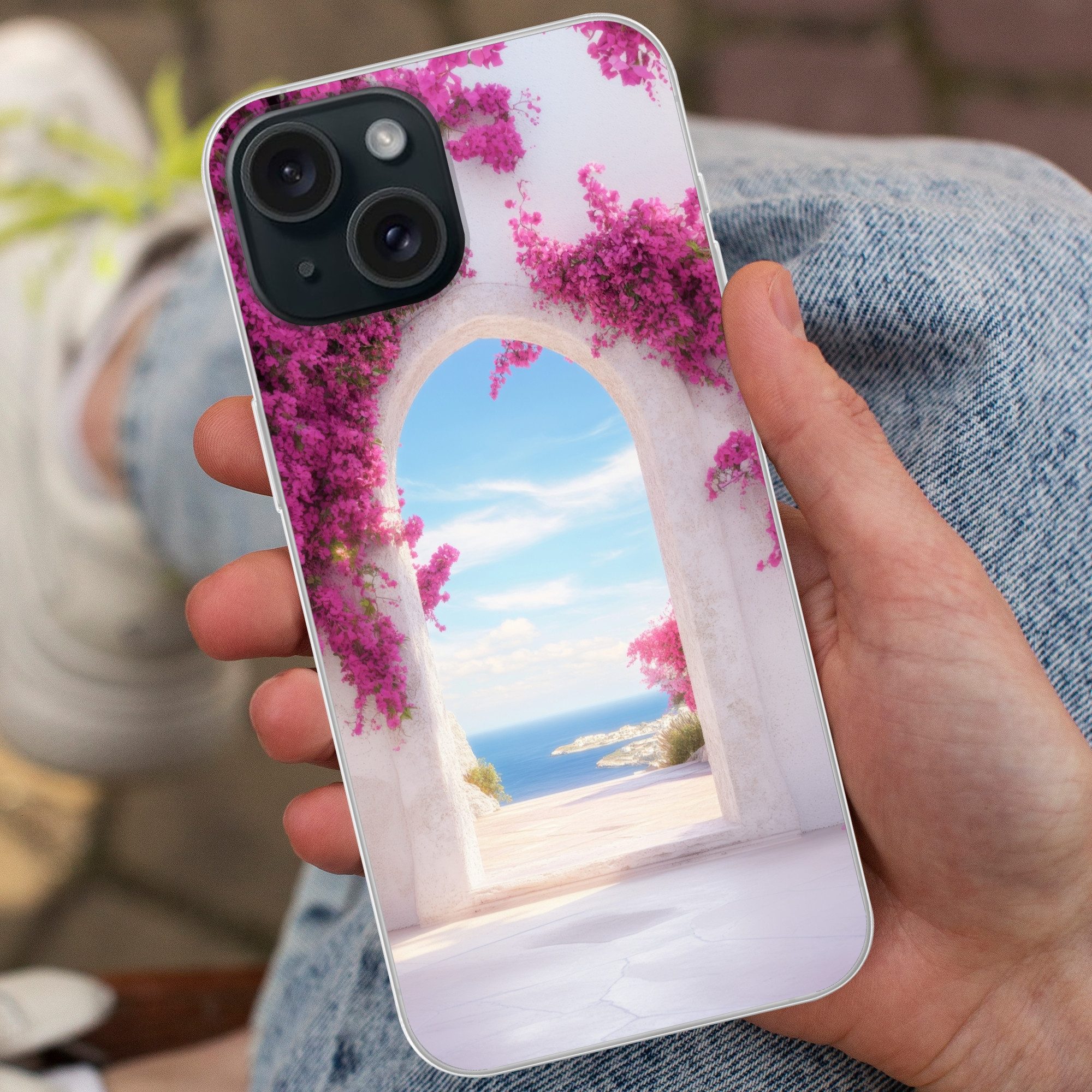 MuchoWow Handyhülle für Apple iPhone 15 Meer - Rosa - Blumen - Tor, Smartphone-Bumper, Print, Handy Schutzhülle Dünn