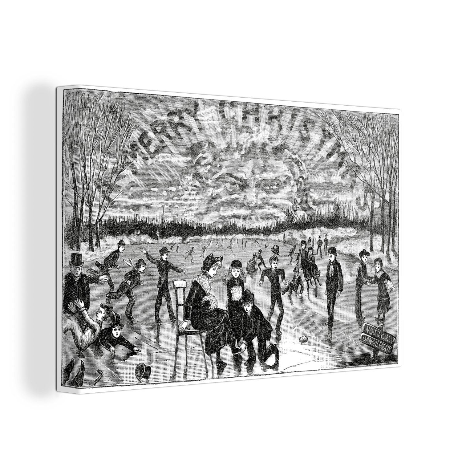 OneMillionCanvasses® Leinwandbild Eine Illustration von Schlittschuhläufern auf einem zugefrorenen See, (1 St), Wandbild Leinwandbilder, Aufhängefertig, Wanddeko, 30x20 cm