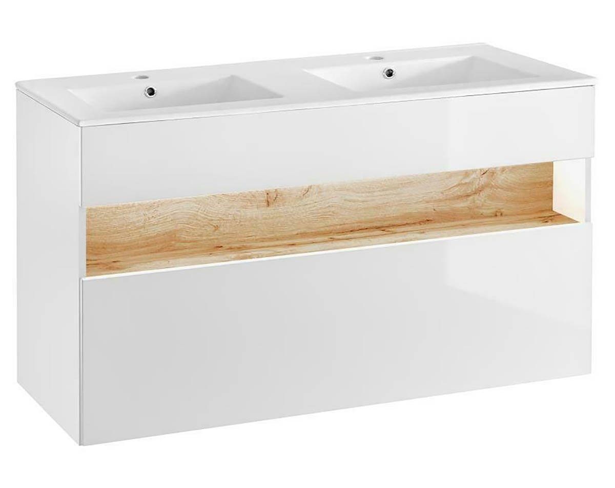 einfachgutemoebel Waschtisch-Set Doppel- oder Singlewaschplatz Bahama 120cm, weiss-hochglanz-Wildeiche, (1-St., Unterschrank & Waschbecken)