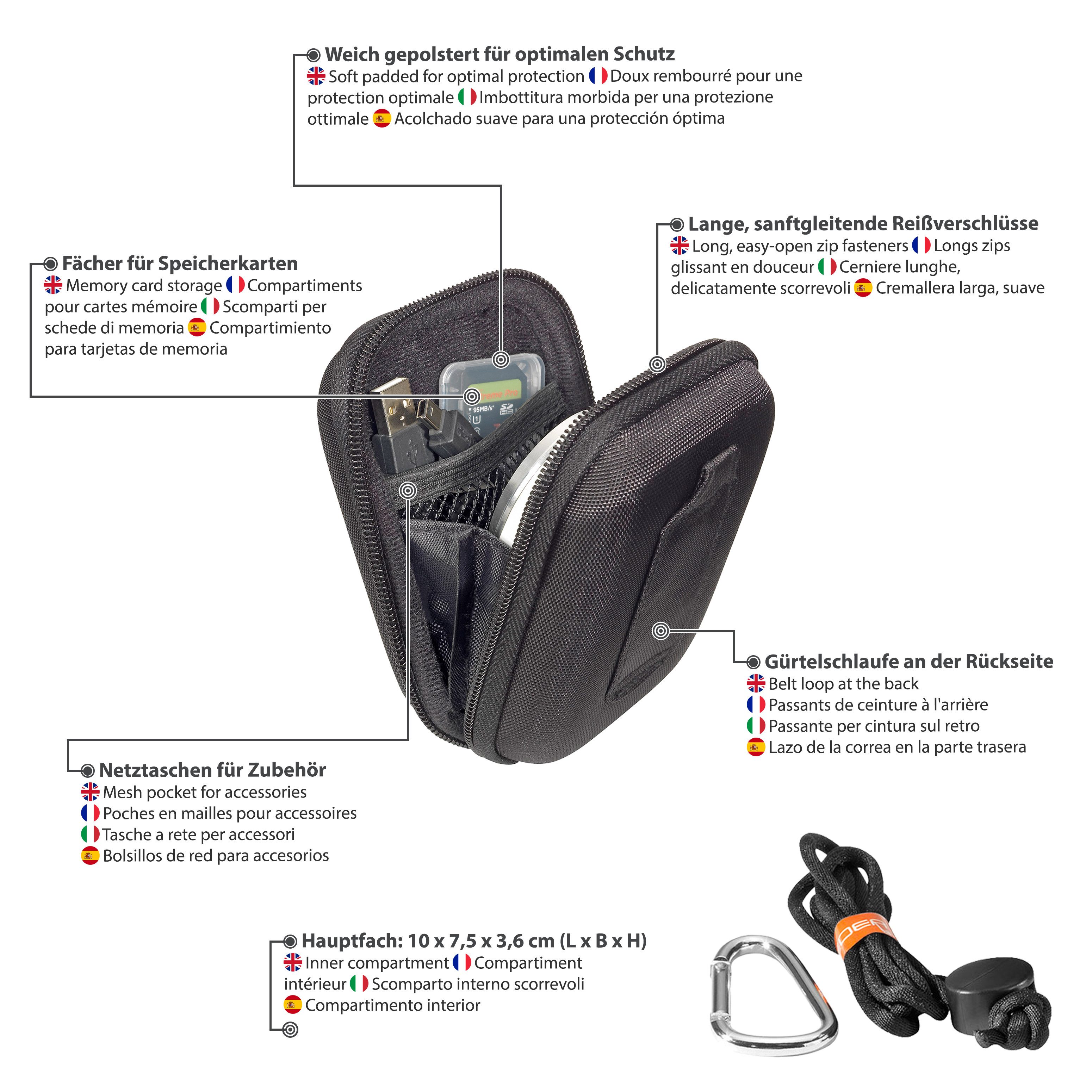 PEDEA Kameratasche Hardcase für Digitalkamera Kompaktkamera & Action Cams, Hardcase Schale, wasserabweisend, Zubehörfach, Karabine & Umhängeband – Bild 4 von 5