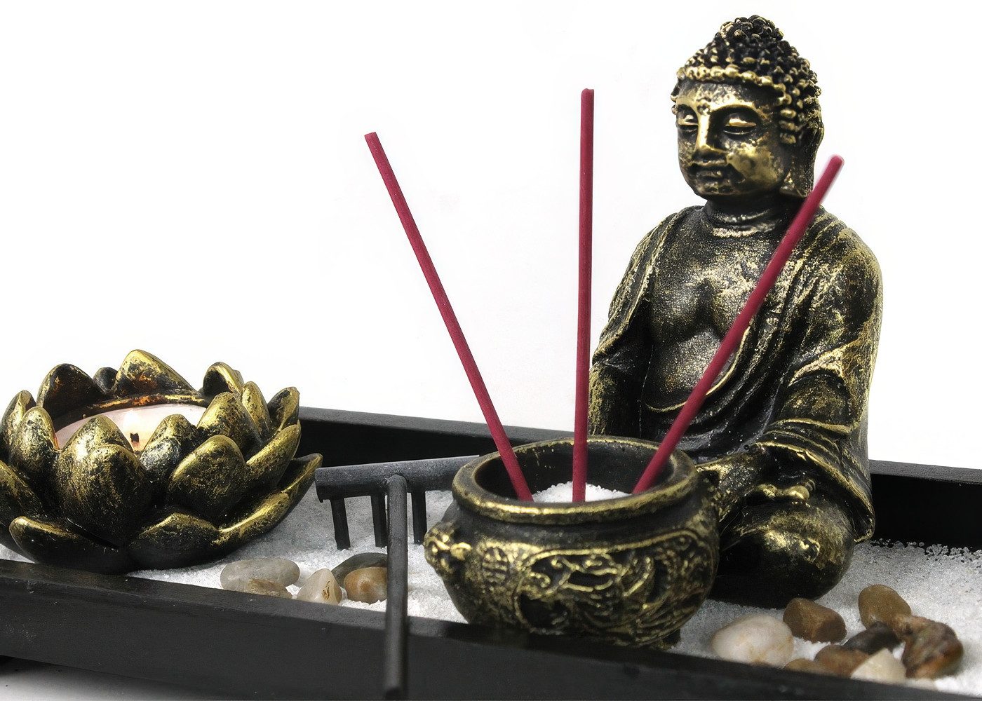 Yudu Buddhafigur Zen-Garten mit Buddhafigur mit Teelicht Rauchstab Nr:YH-019b – Bild 3 von 3