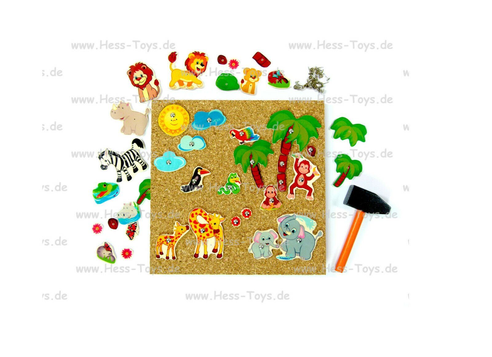 HESS SPIELZEUG Spiel Hammerspiel Dschungeltiere Tiere Spielzeug Holzspielzeug Motorik 14939, Inkl. Hammer, Nägel, Motive u. Korkplatte