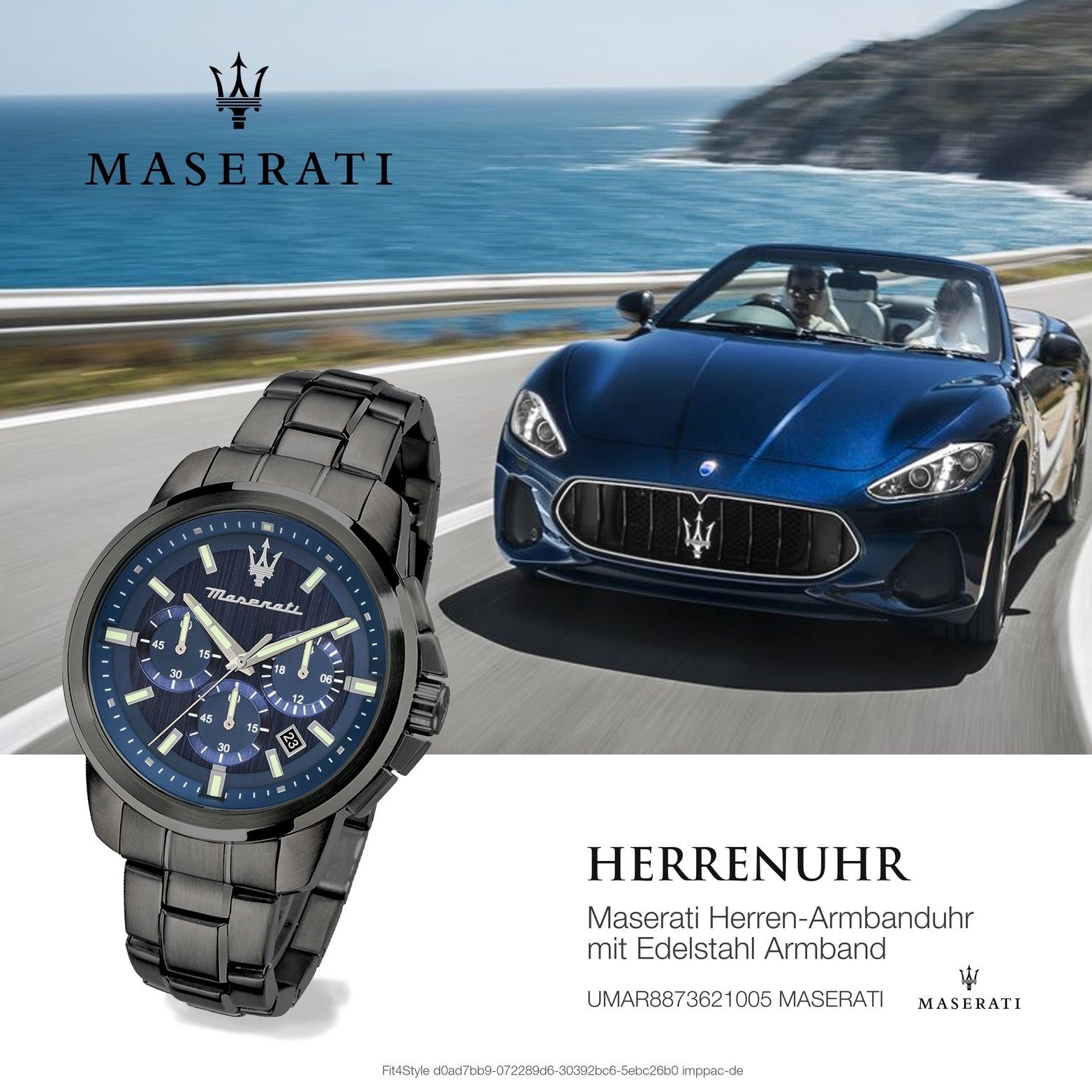 Maserati Herrenuhr blau Edelstahlarmband, Edelstahl Gehäuse, (ca. Armband-Uhr, groß Chronograph MASERATI rundes 52x44mm)