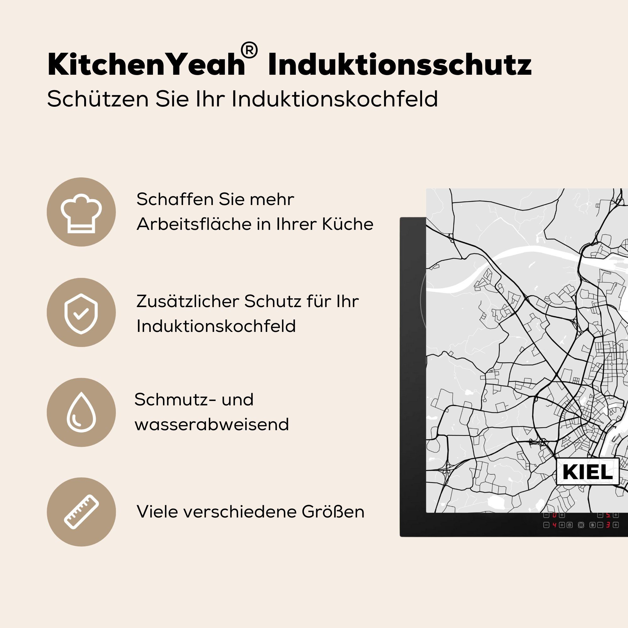 MuchoWow Herdblende-/Abdeckplatte tlg), Deutschland Vinyl, cm, Stadtplan küche Ceranfeldabdeckung, - Kiel, - Karte 78x78 - für Arbeitsplatte (1