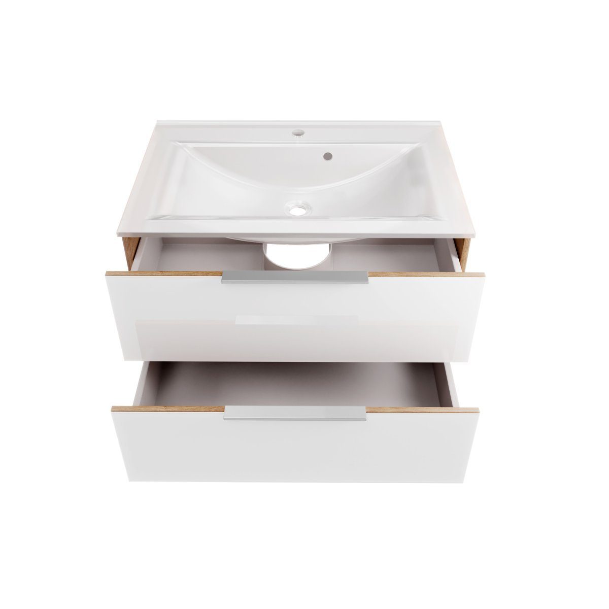 FACKELMANN Waschbeckenunterschrank B.brillant Waschplatz Badmöbelset 80cm - Ast Eiche - Glas Weiß