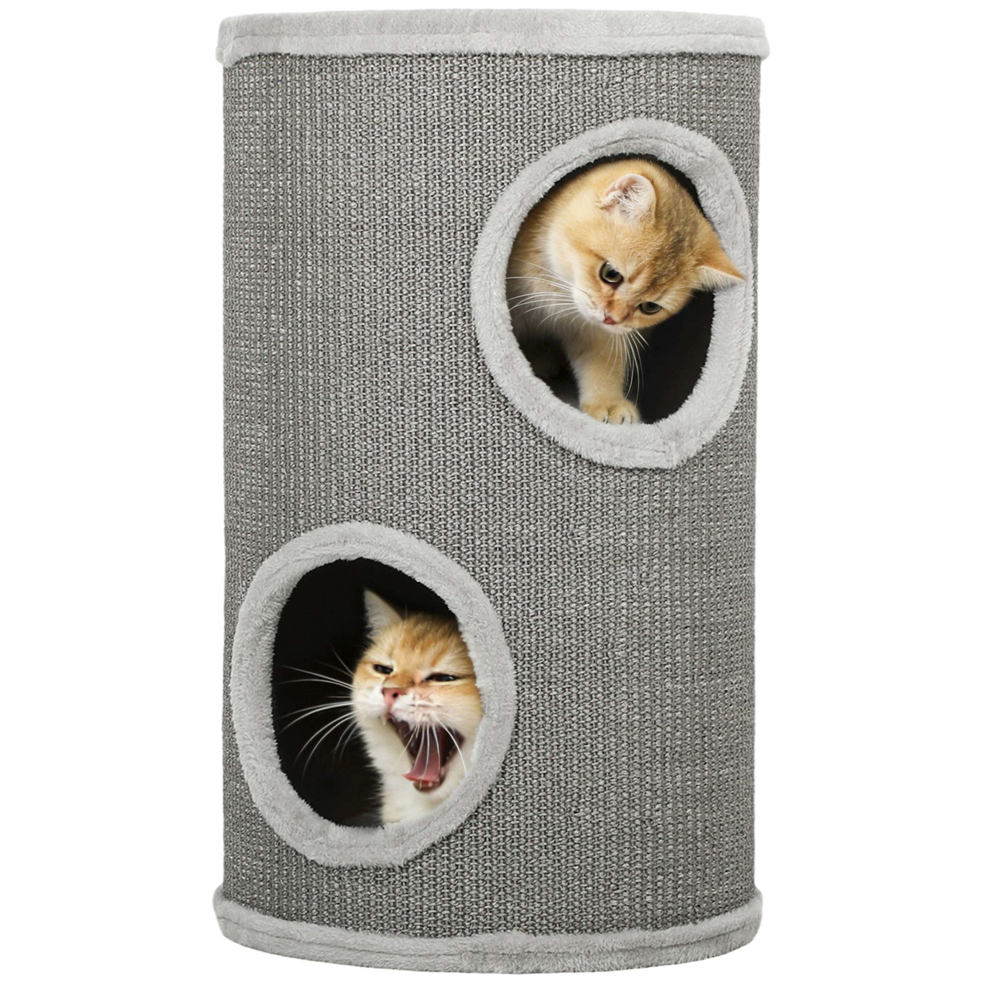 PawHut Kratztonne mit 2 Höhle, Plüschrand, (zweistöckige Katzentonne, 1-tlg., Katzenkratztonne), für 1-2 Katzen bis 5 kg, Hellgrau
