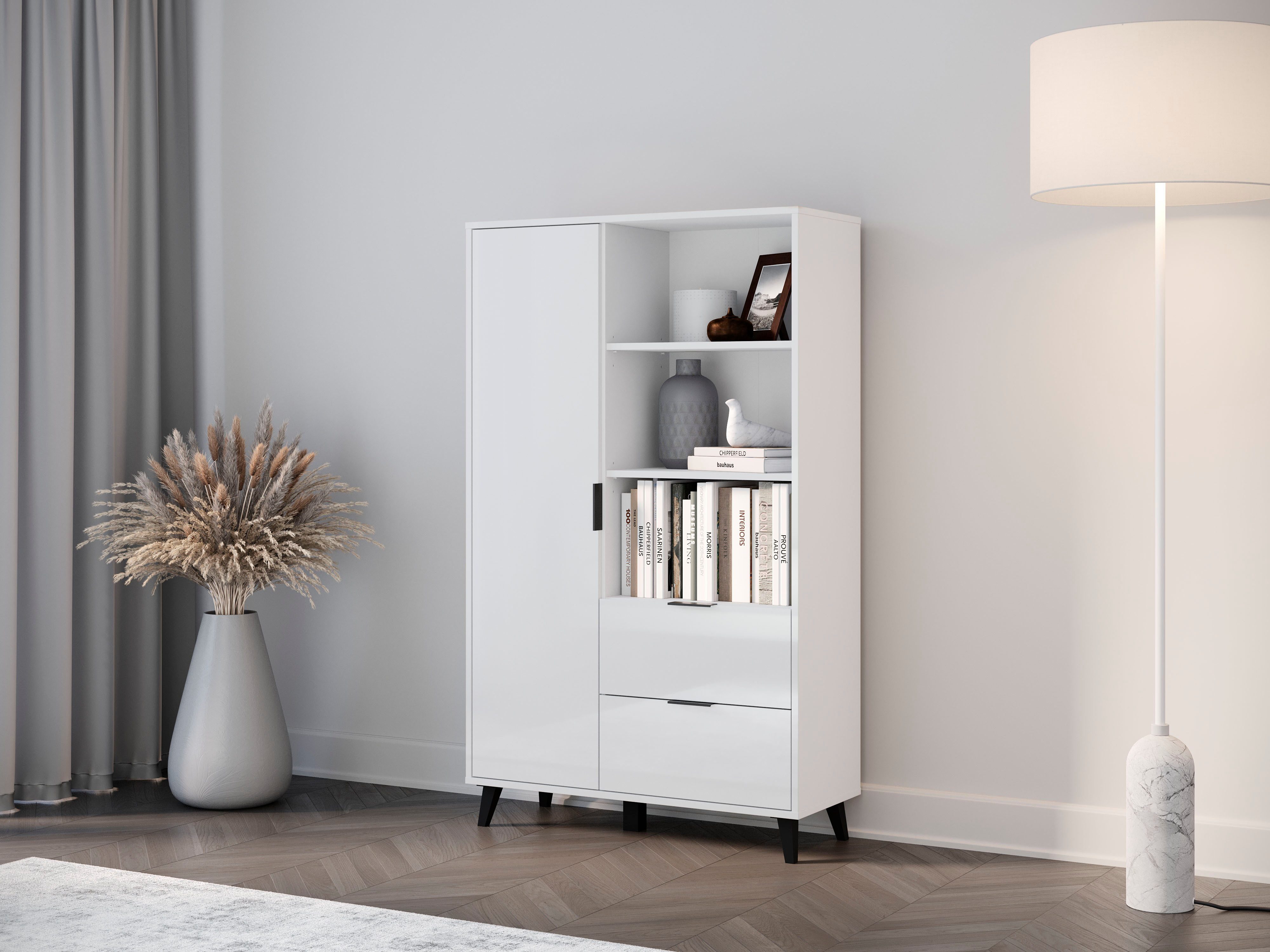 OTTO home Highboard Oslo, B/H/T: 85/140/33 cm (1 St), Schublade, höhenverstellbare Einlegeböden, schwarze Metallgriffe
