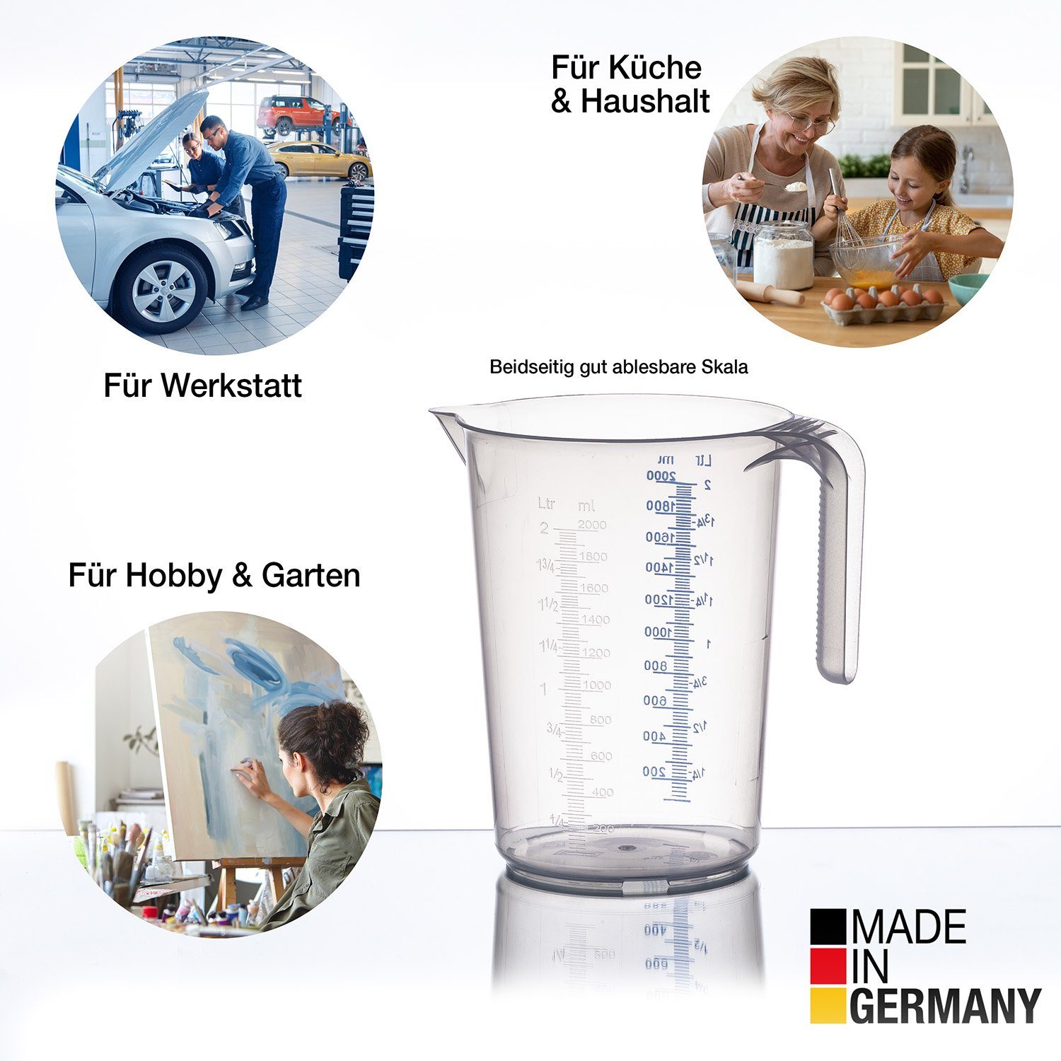 BigDean Skala, 500ml, Set Messbecher hitzebeständig Polypropylen-Kunststoff in 3 2L Made Germany, 1L, Größen: