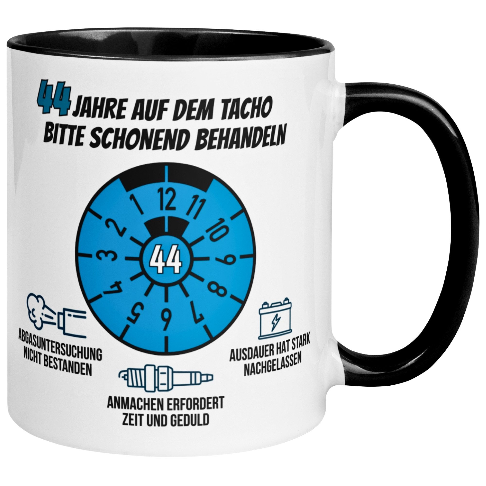 Momentals Tasse 44. Geburtstag Mann – „44 Jahre auf dem Tacho - Schonend Behandeln“, Gratis Versand · Links-&Rechtshänder · Spülmaschinenfest