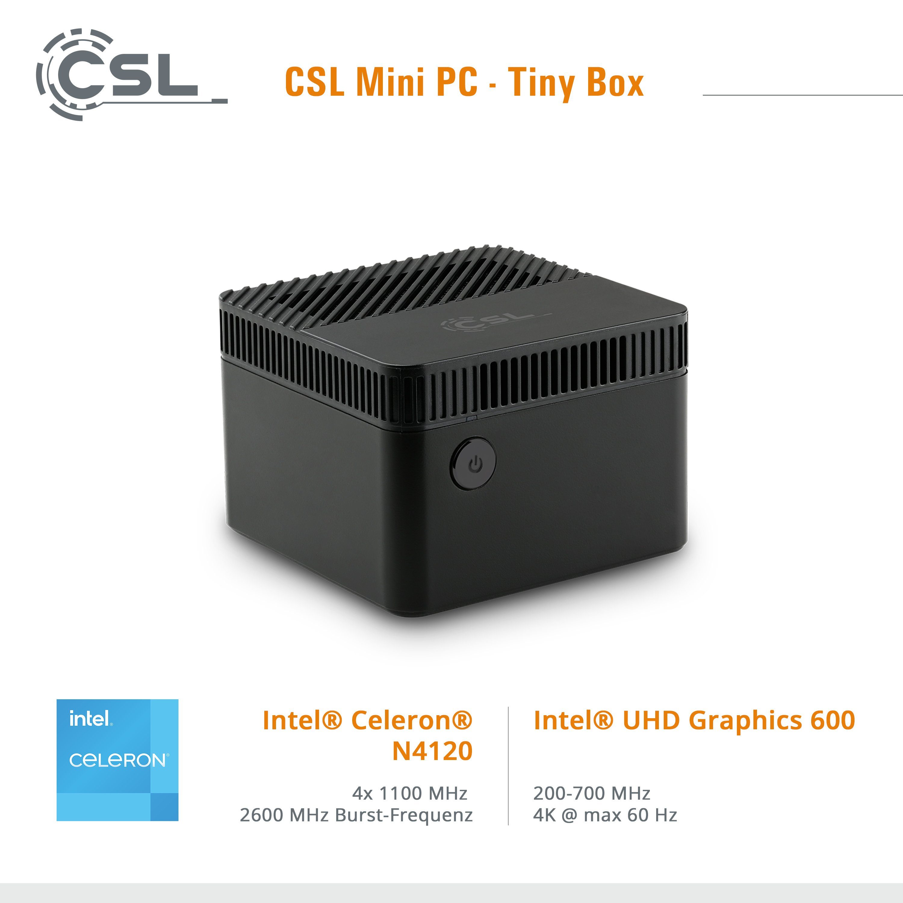 CSL Tiny Box Mini-PC (Intel® Celeron N4120, Intel HD Graphics 600, 4 GB RAM, 128 GB SSD, passiver CPU-Kühler, 2m HDMI Kabel)