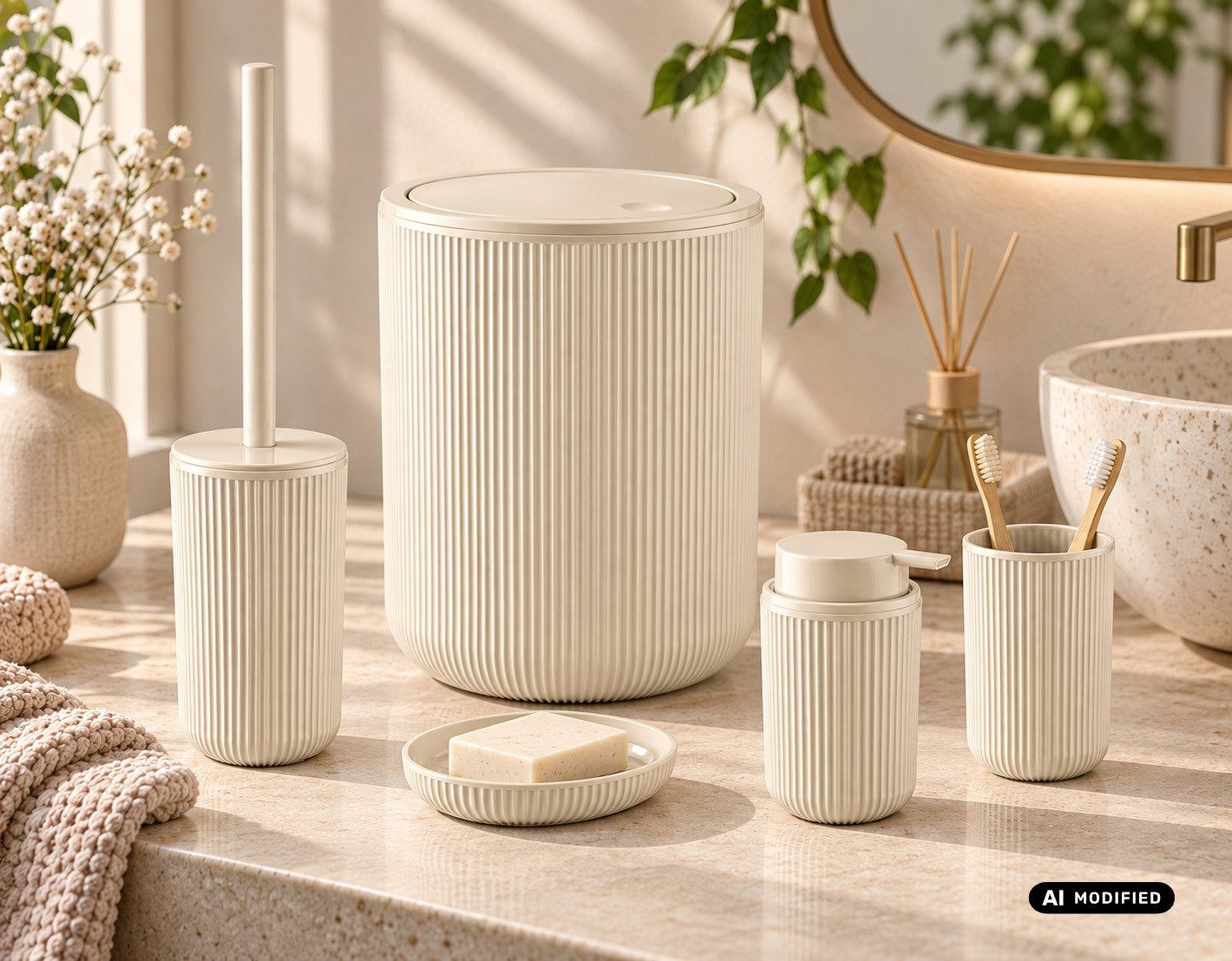 axentia Badaccessoire-Set Bad-Set Badezimmerset Badezimmer-Ausstattung, 5-teiliges Badset, Kosmetikeimer Seifenschale Seifenspender WC-Bürste Zahnputzbecher – Bild 3 von 5