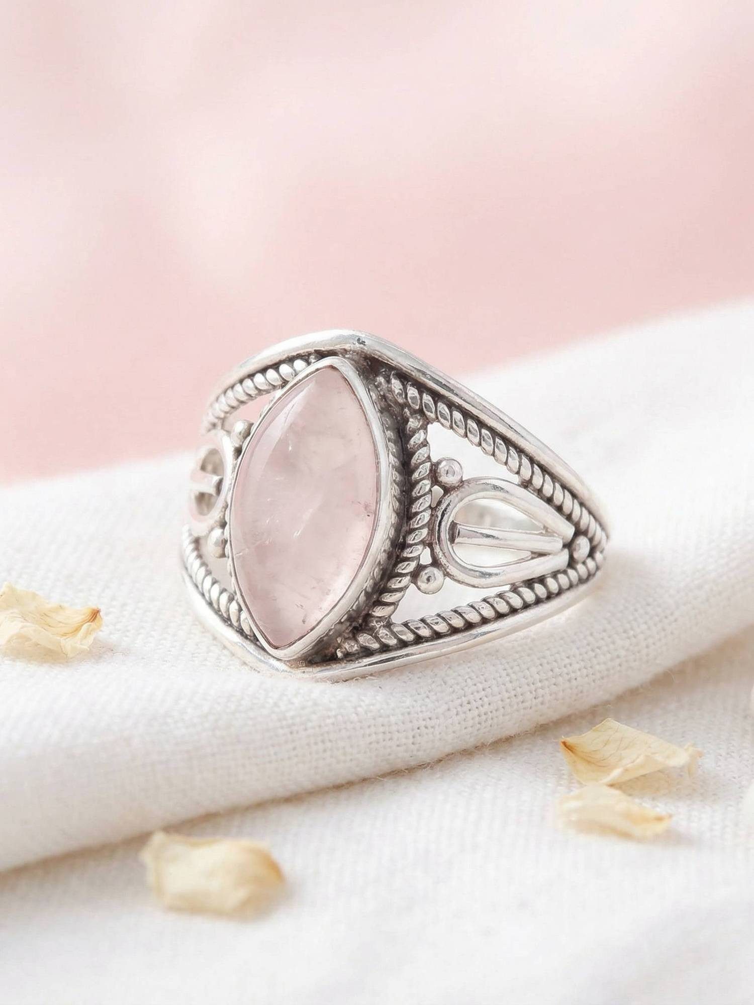 mantraroma Silberring DAHAB Ellipse aus 925 Silber mit Rosenquarz (Ring mit Schmuckbeutel), Damenring aus 925er Silber