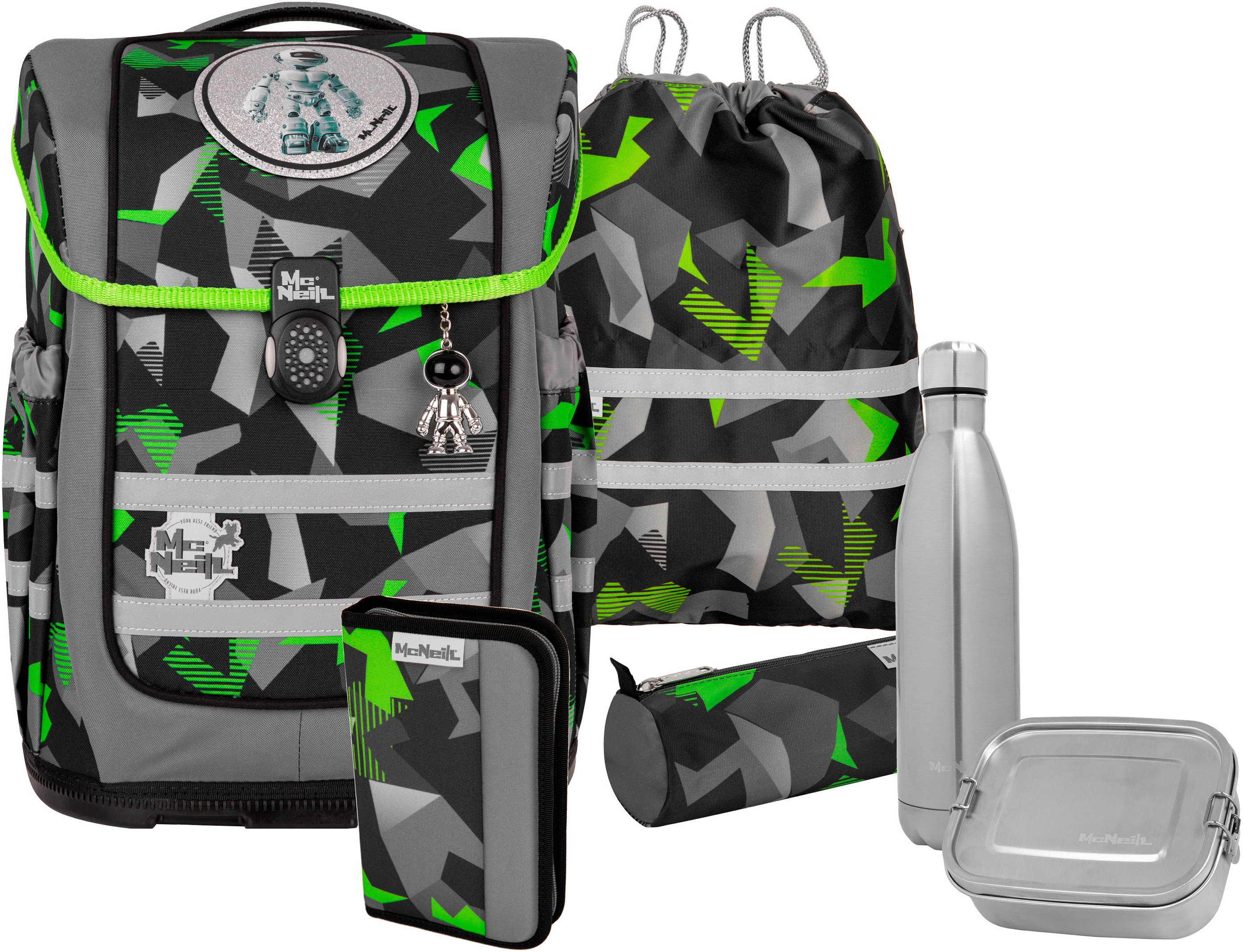 McNeill Schulranzen Ergo Compacto, Techno (Set, 5-tlg), inkl. Federmäppchen, Turnbeutel, Schlamperrolle & Motivmagnet