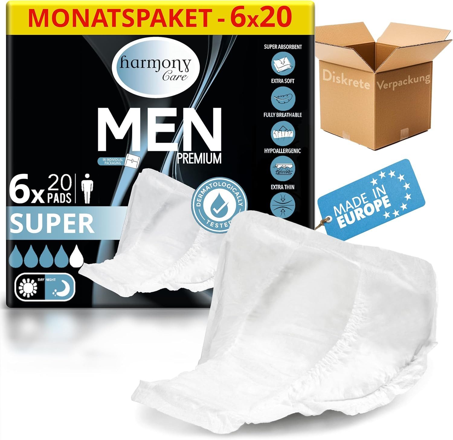 Harmony Care Inkontinenz-Einlage für Männer - Einlagen bei Inkontinenz für Herren, Saugkraft bis zu 470 ml, 120-St., bei leichter bis mittlerer Blasenschwäche, Inkontinenz Männer