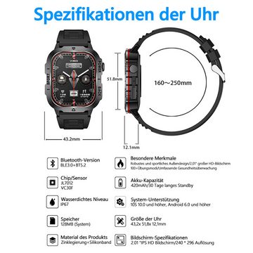 Novzep Smartwatch, 2,01-Zoll-Herzfrequenz-Blutsauerstoff-Schlafmonitor, Smartwatch, Bluetooth3.0+BT5.2, 100+ Sportmodi, IP67 wasserdichte Smartwatch