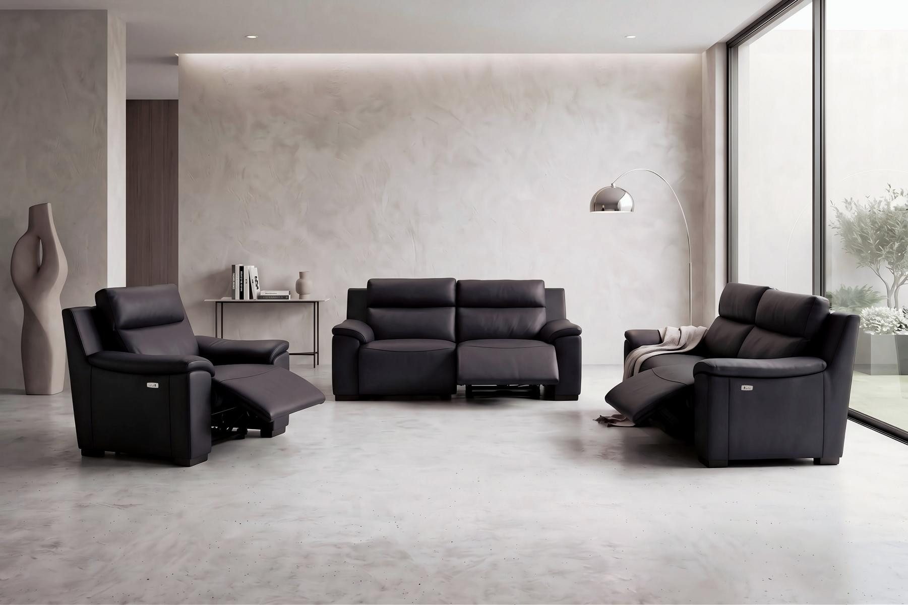 Salottini Polstergarnitur Recliner Sofagarnitur Capri 3/2/1 Polstergarnitur Motoren Leder schw, (3-tlg)