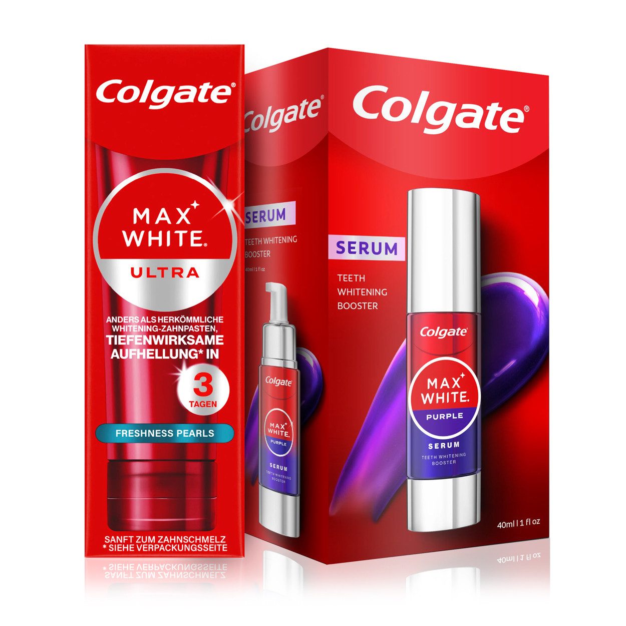 Colgate Zahnbleaching-Kit Max White Ultra Freshness Zahnpasta + Purple Serum Routine Set, 90ml, Activeshine Technology