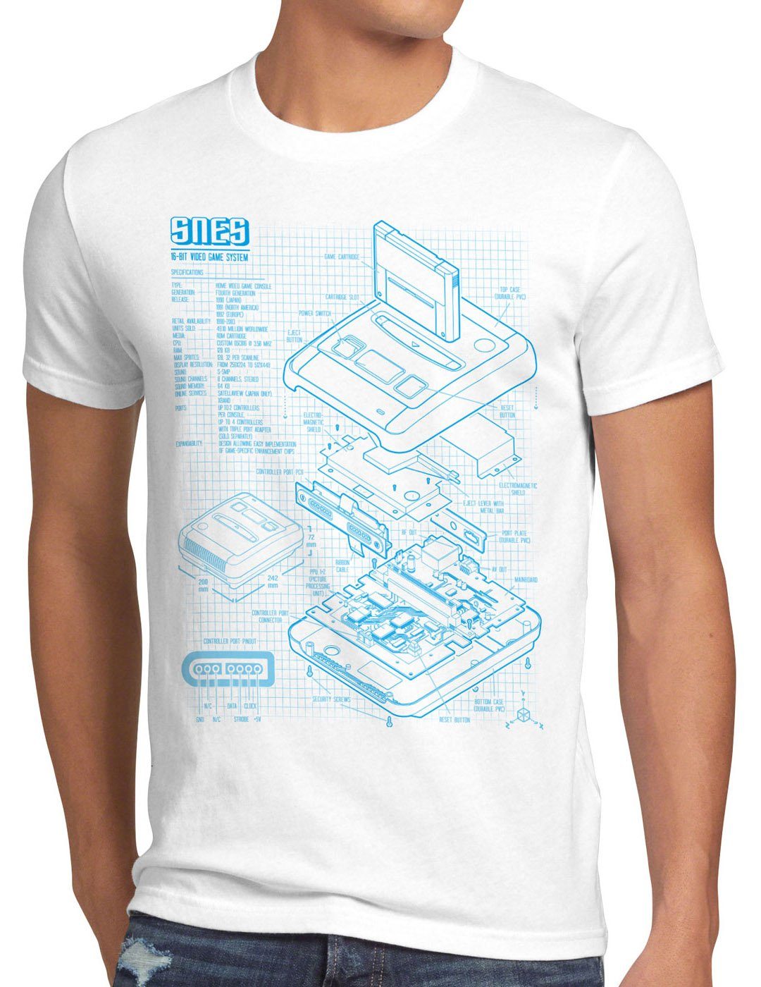 Herren Print-Shirt Videospiel Blaupause style3 weiß 16-Bit T-Shirt SNES