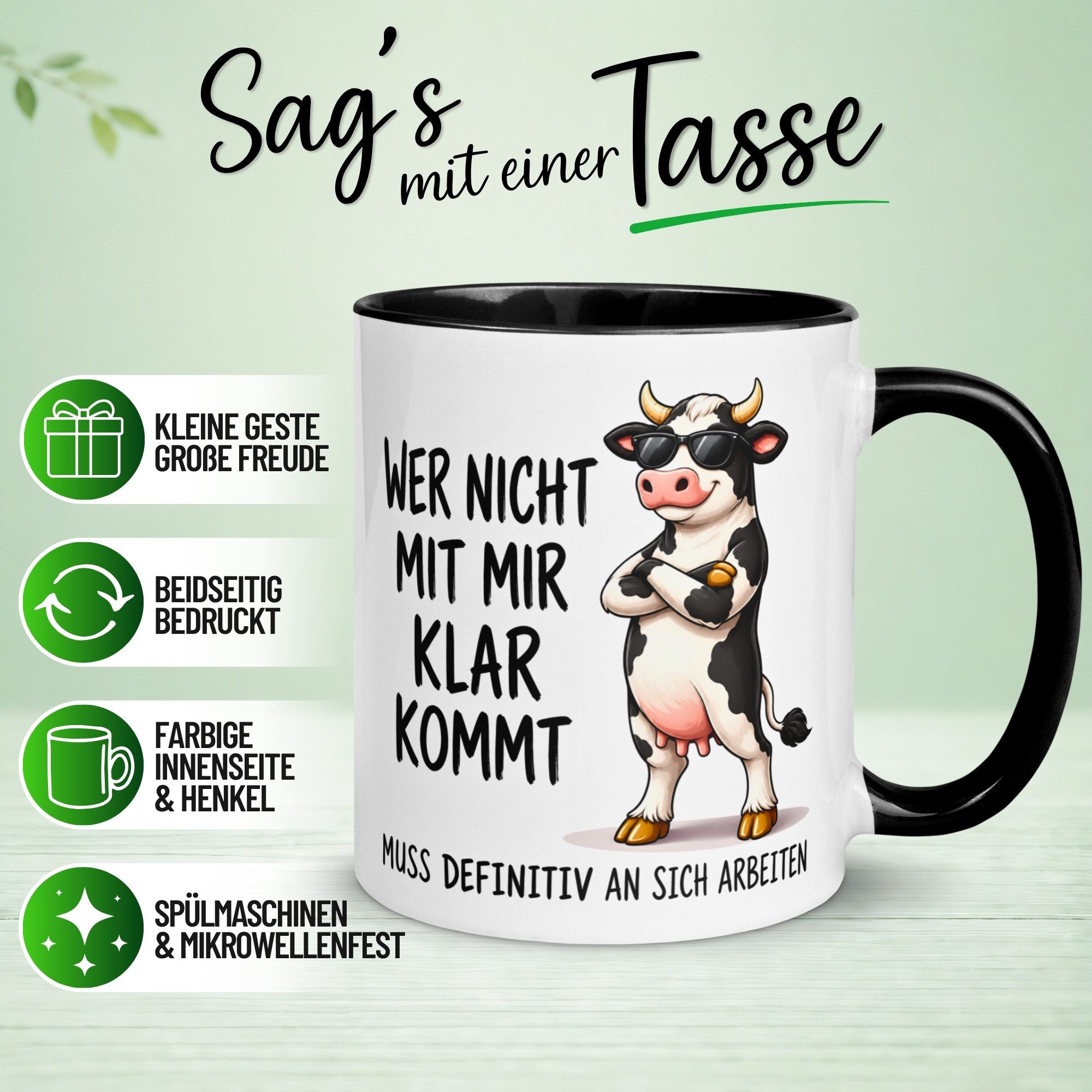 Momentals Tasse Kuh – „Wer nicht mit mir klar kommt“ – lustiger Kuh Geschenk Becher, Gratis Versand · Links-&Rechtshänder · Spülmaschinenfest