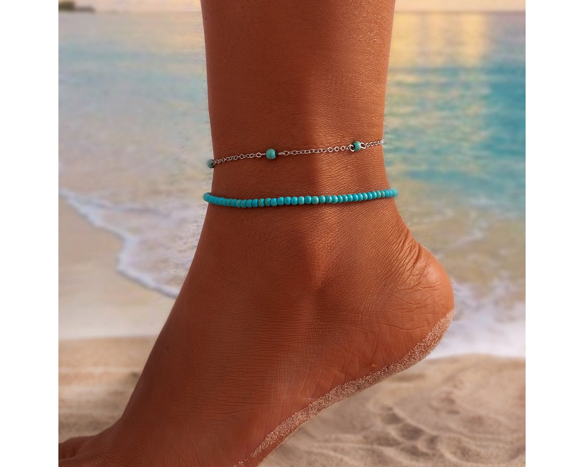 MOPUEA Fußkette Perlen-Fußkettchen für Damen, Boho-Strand-Fußkette (Doppellagiges Fußkettchen mit Reisperlen und Türkis), verstellbares Damen Fußband für Strand, Sommer und Urlaub