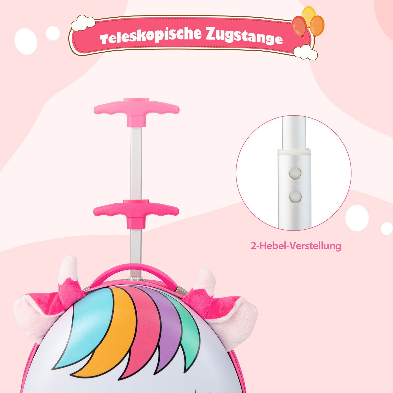 rosa mit LED Kinderkoffer Kindertrolley, Rädern 16'' COSTWAY weiß 2 und