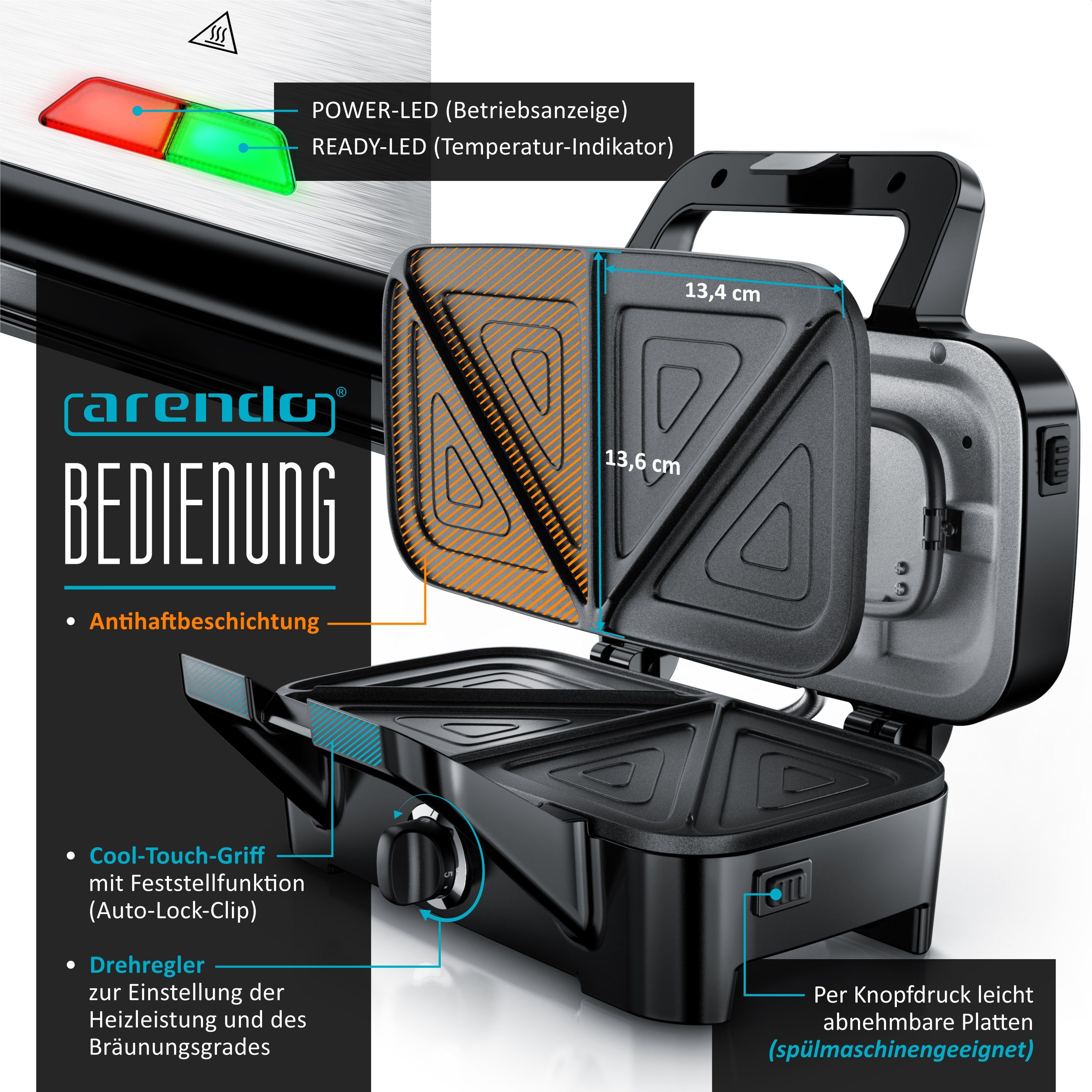 Arendo 3-in-1-Sandwichmaker Waffeleisen & Kontaktgrill, Antihaftbeschichtete abnehmbare Platten