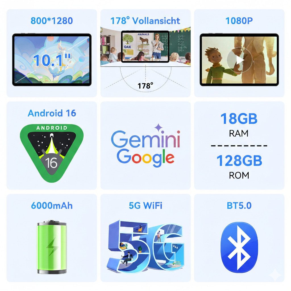 TABWEE T8(18+128) 10.1” 6000 mAh Android 16 mit Tastatur Maus Stift Tablet (10.1", 128 GB, 5G wifi, Android 16, Gemini AI, PC-Modus) – Bild 2 von 5