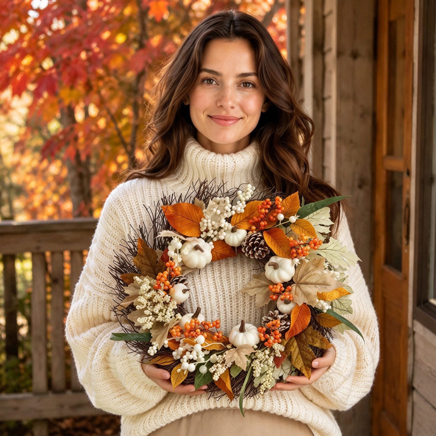 Bomiclss Dekokranz 45cm Herbstkranz, Herbstfarben Kürbis Beeren Kranz, Dekorativer Türkranz für Halloween, Thanksgiving und Erntedankfest – Bild 2 von 5