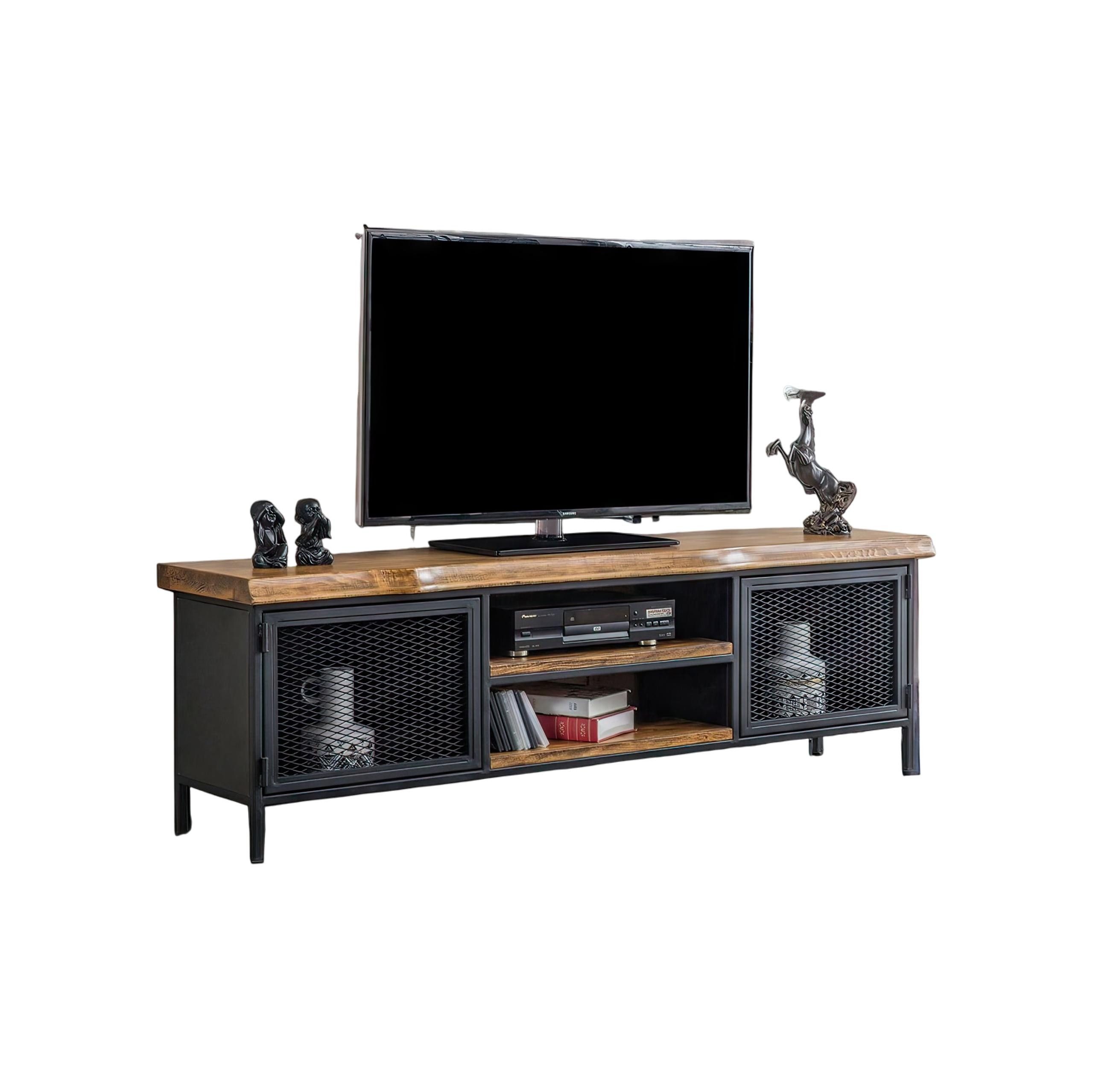 TV-Wand TV-Lowboard aus Holz im Loft-Stil mit Gittertüren, Schwarz