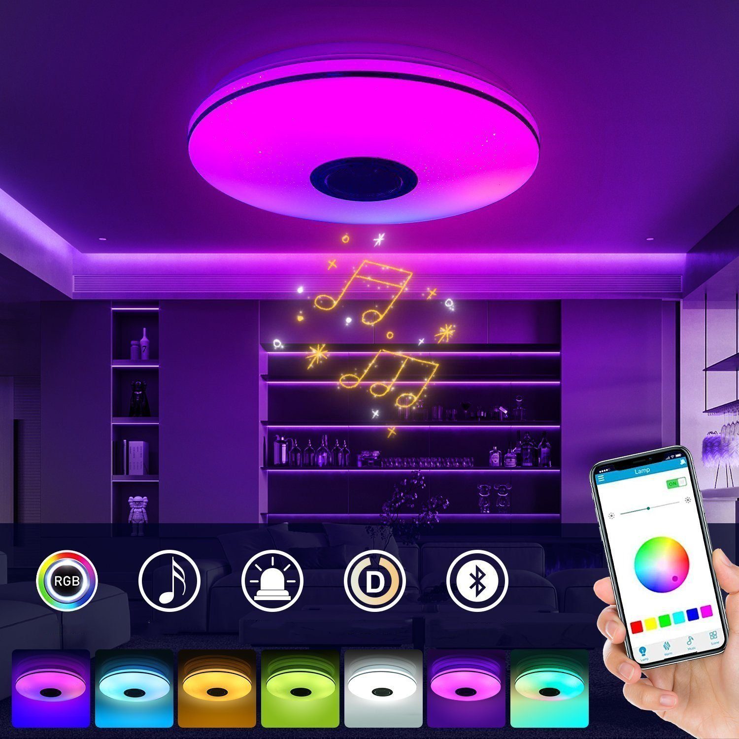 iscooter Deckenleuchte LED Deckenlampe Bluetooth Lautsprecher RGB Dimmbar, LED  fest integriert, Warmweiß, Naturweiß, Kaltweiß, RGB, Streamer-Licht mit  Lautsprecher, Badleuchte Wohnzimmer Küche Flur Lampe | Wandleuchten