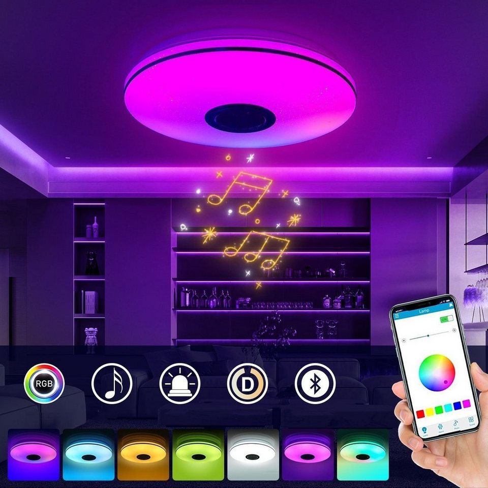 iscooter Deckenleuchte LED Deckenlampe Bluetooth Lautsprecher RGB Dimmbar, LED  fest integriert, Warmweiß, Naturweiß, Kaltweiß, RGB, Streamer-Licht mit  Lautsprecher, Badleuchte Wohnzimmer Küche Flur Lampe