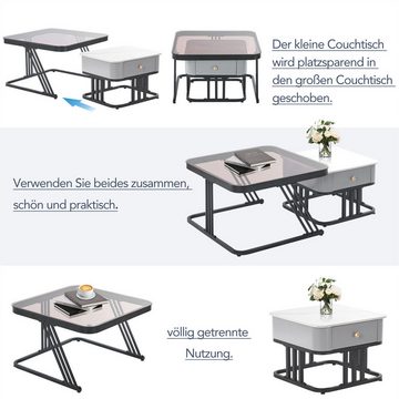 autolock Couchtisch Zweiteiliger Premium Couchtisch(70*70*43.5cm)Teal Glas und Marmor, Schieferplatte - Wohnzimmertisch mit Massivholz Schubladen