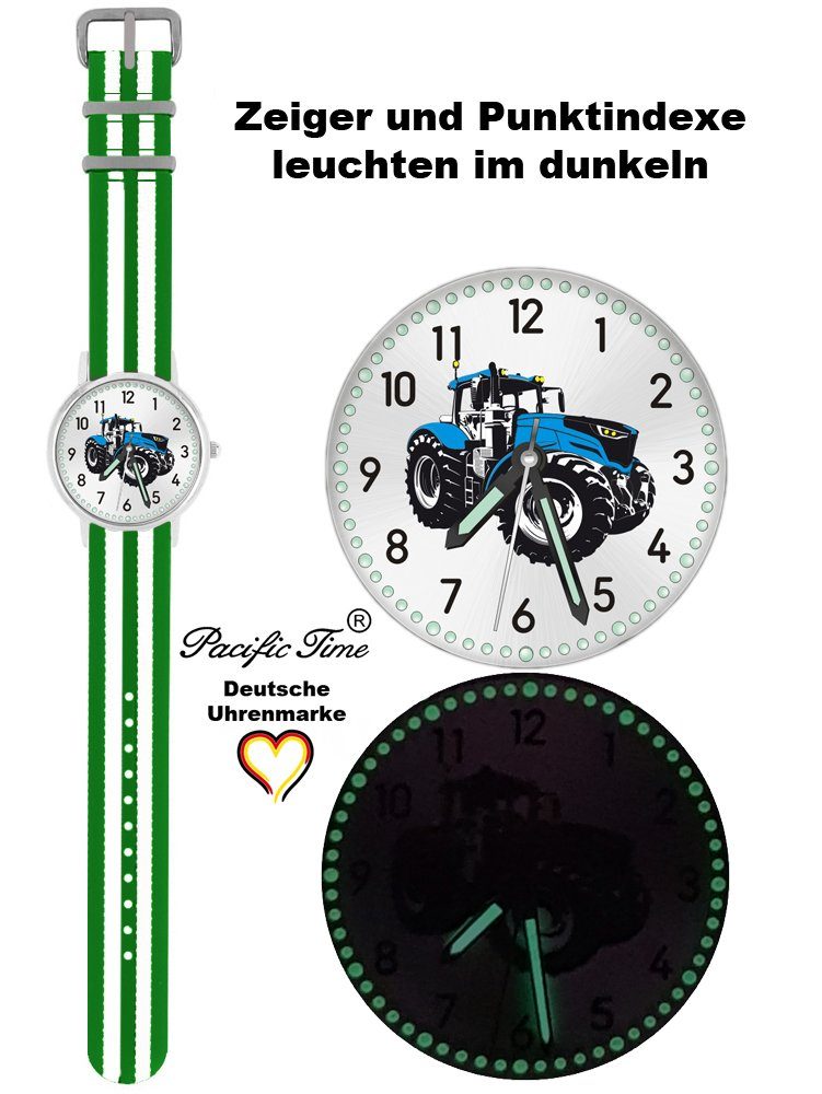 Pacific Time Quarzuhr Kinder Armbanduhr und - Mix Match weiß Gratis grün Wechselarmband, Design Traktor Versand blau gestreift